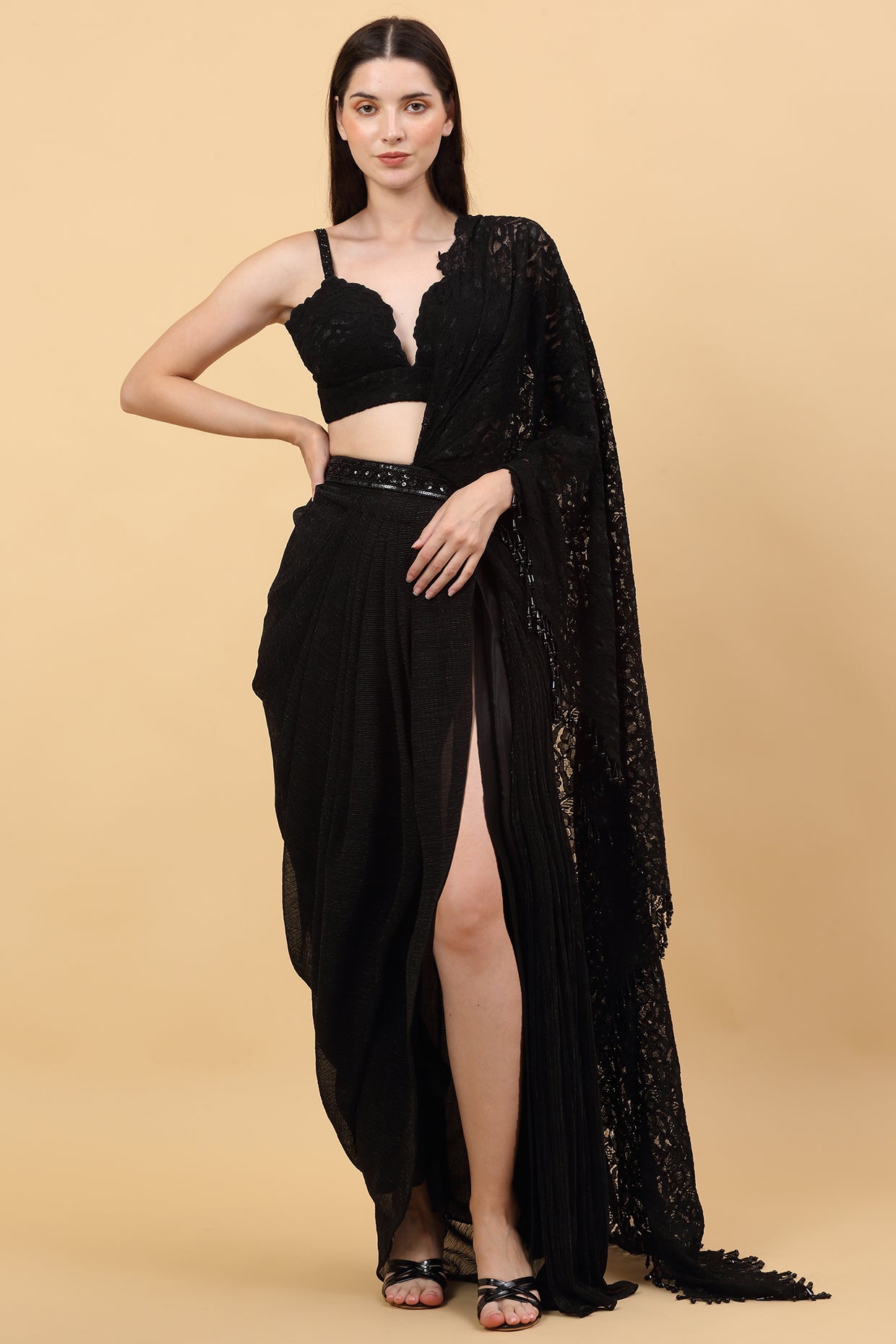 Black Drape Lace Saree