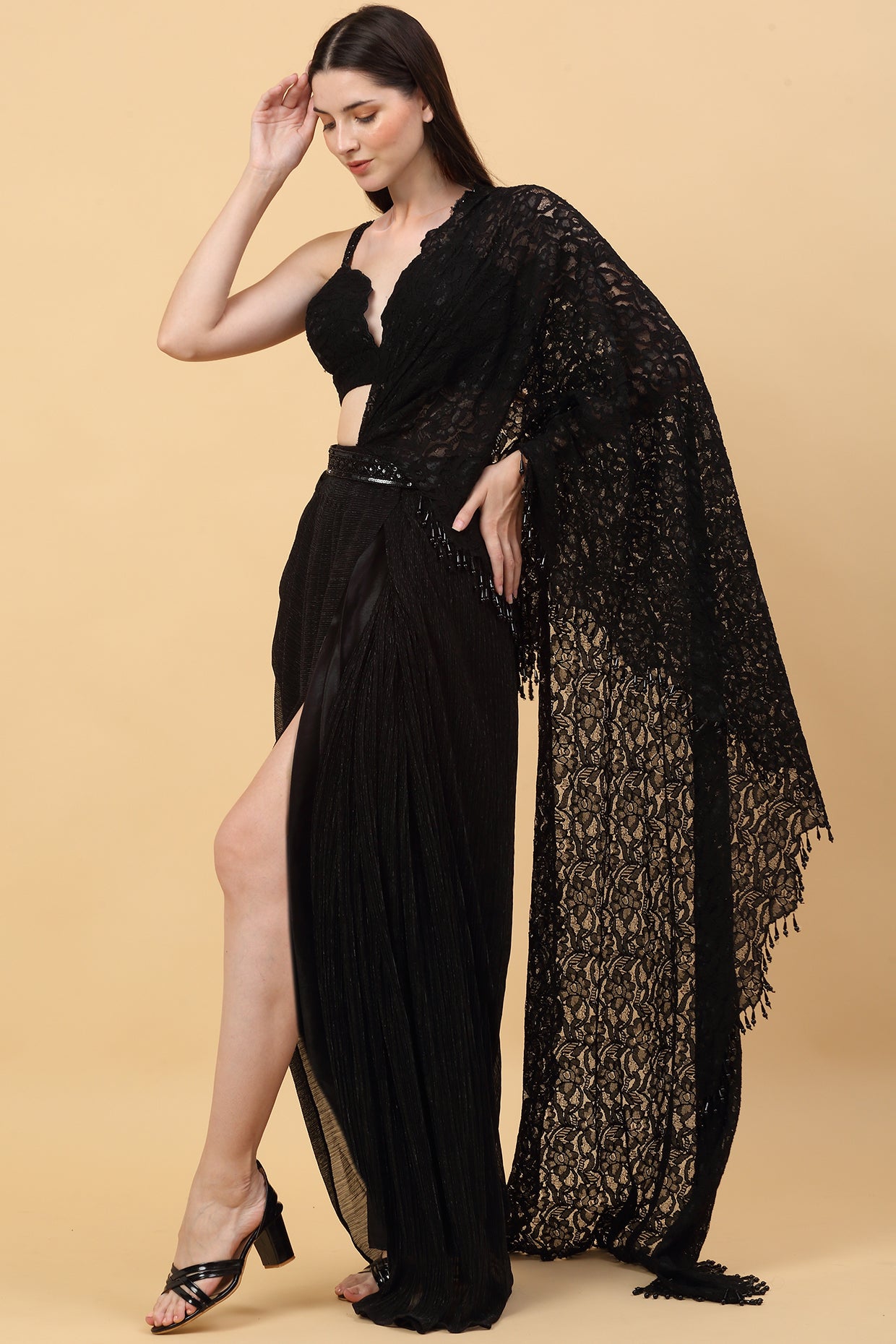 Black Drape Lace Saree