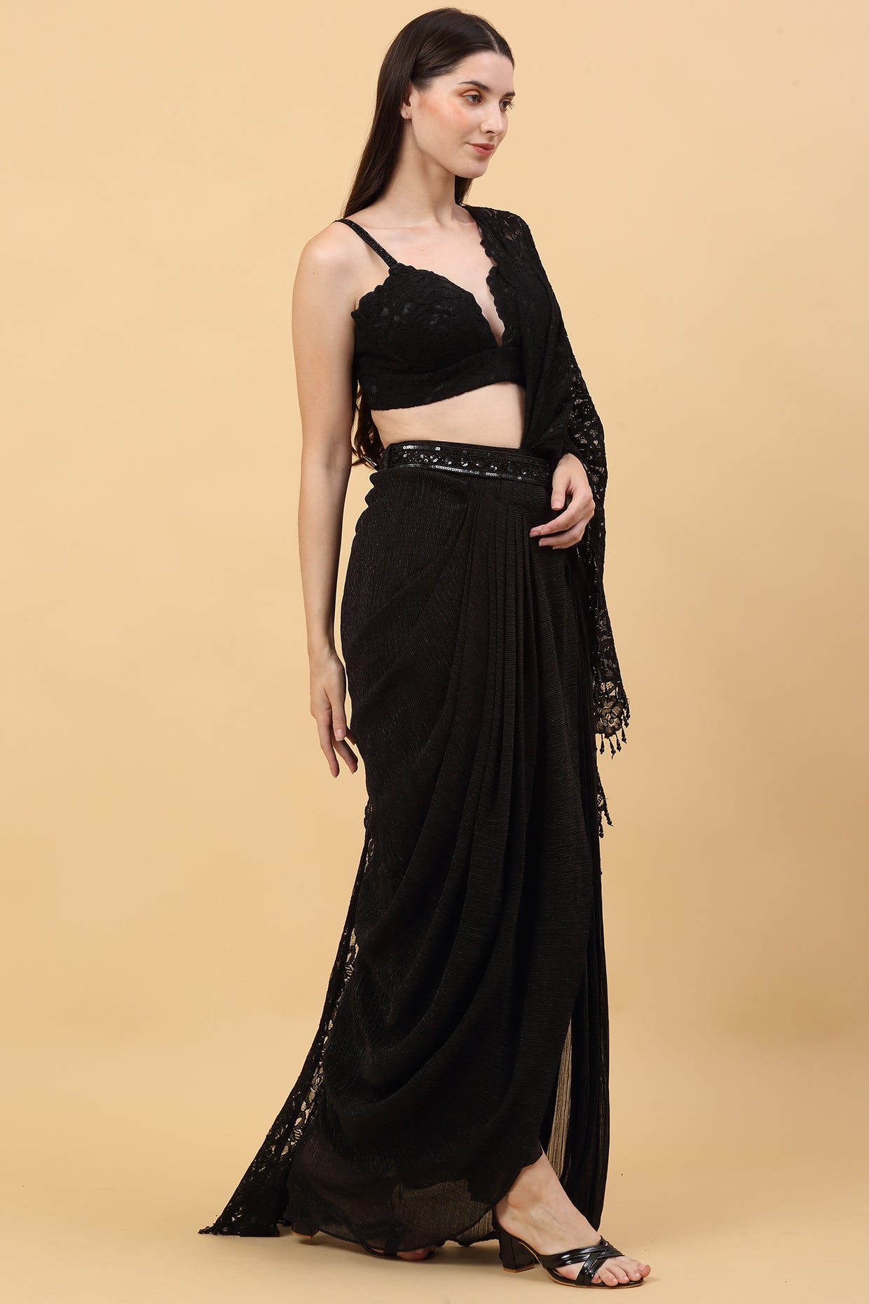Black Drape Lace Saree