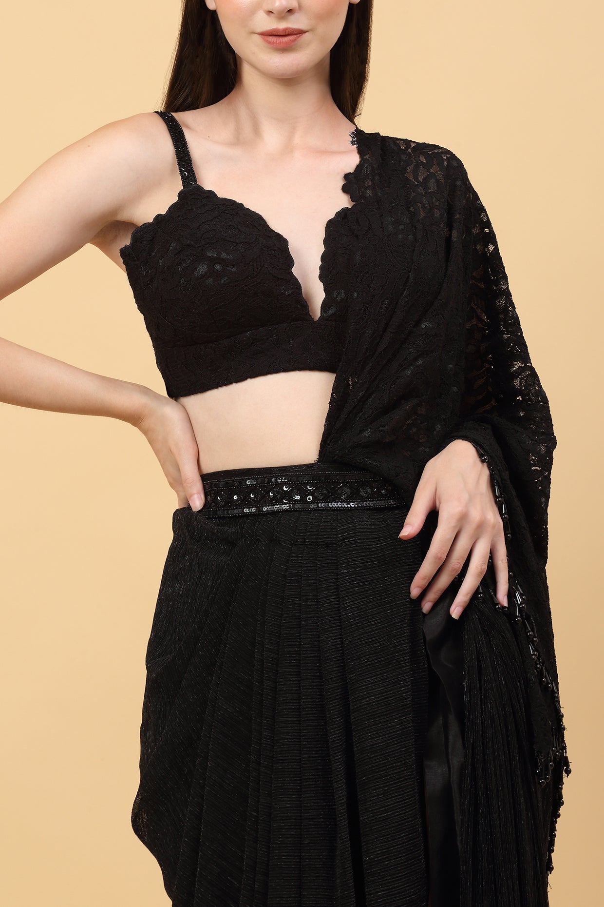 Black Drape Lace Saree