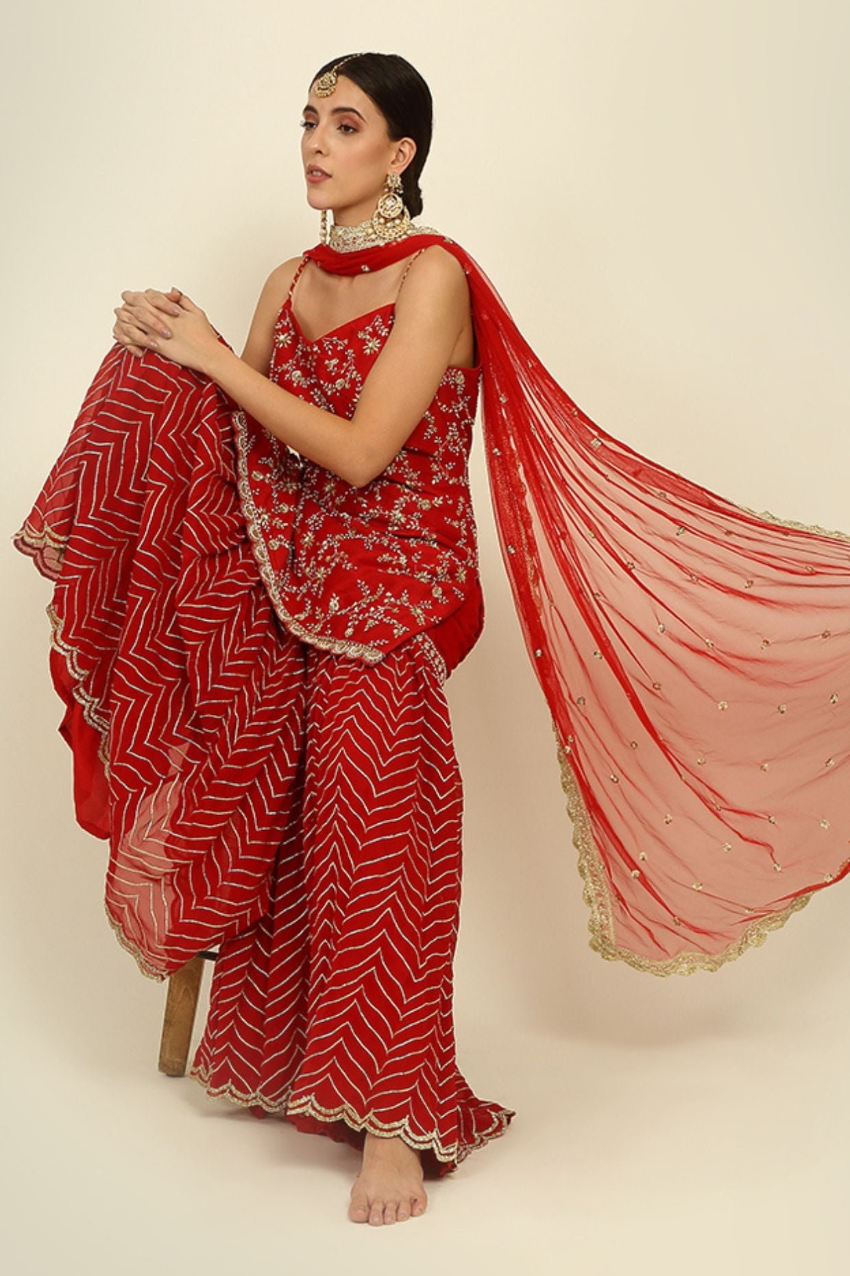 Red Embroidered Sharara Set