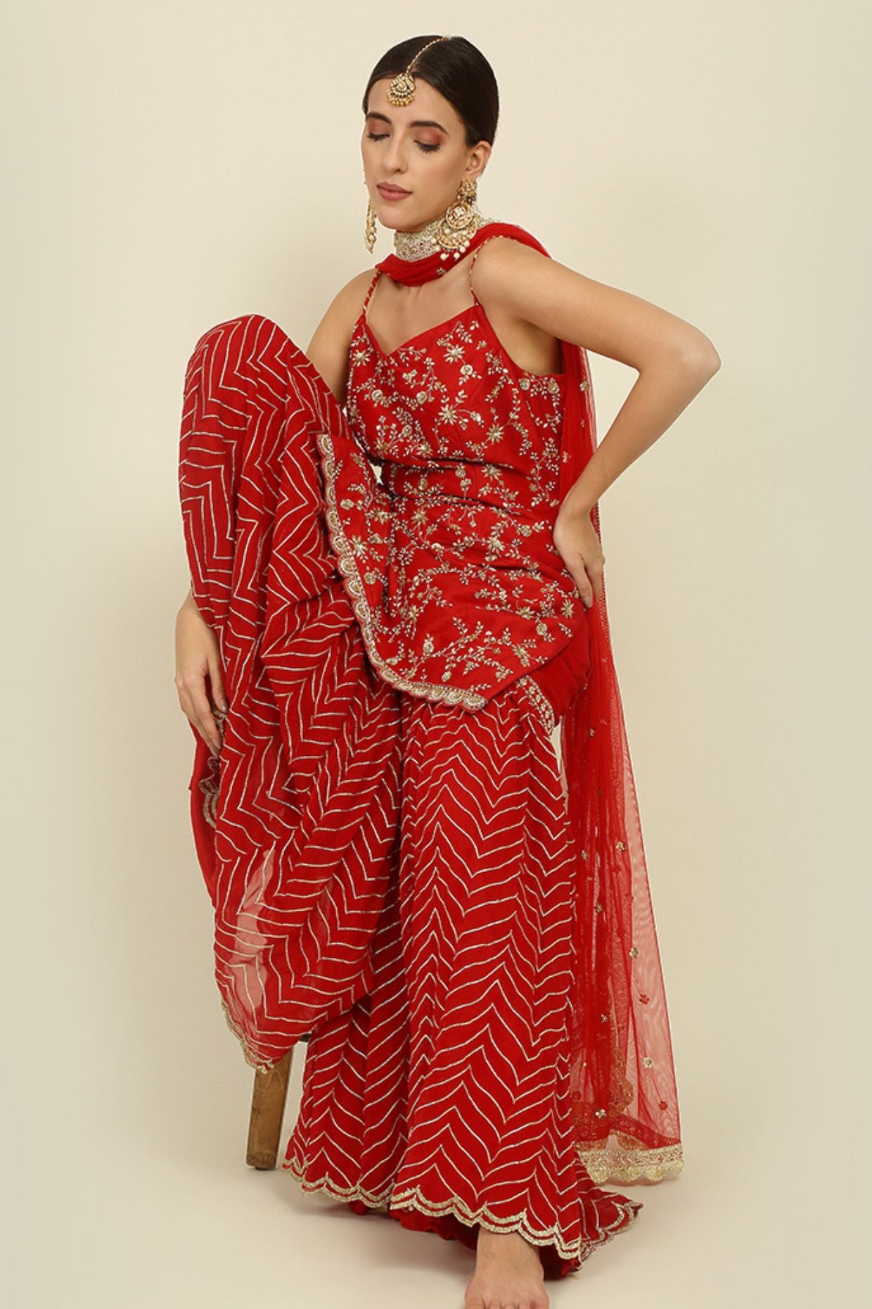 Red Embroidered Sharara Set