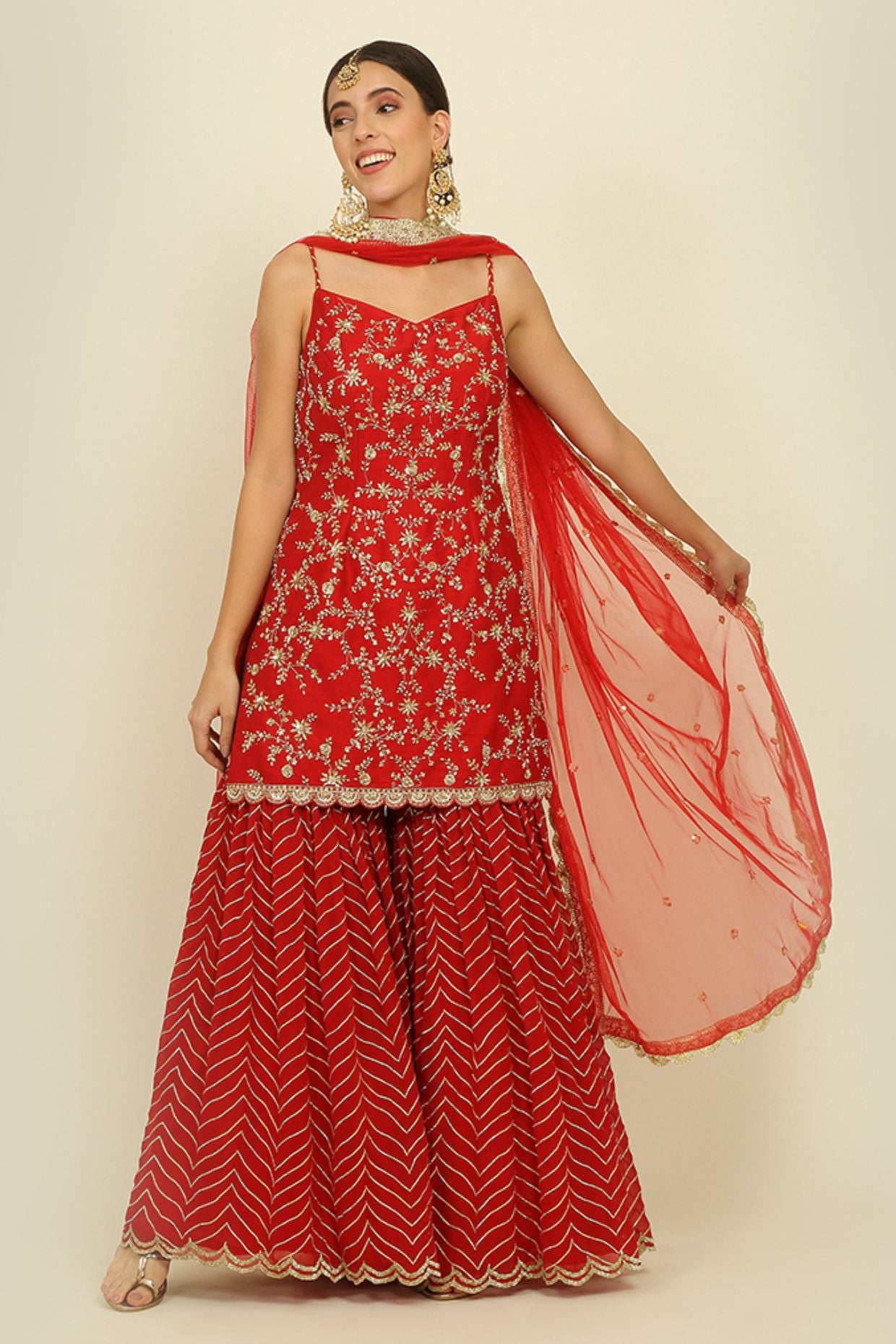 Red Embroidered Sharara Set