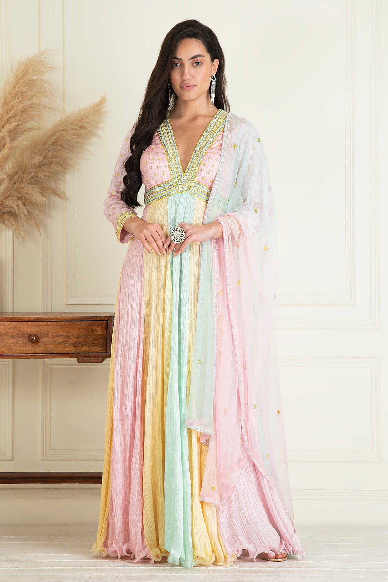 pastel anarkali dresses Mehendi Green Pastel Pakistani Style Peplum Anarkali Suit With Thread Work