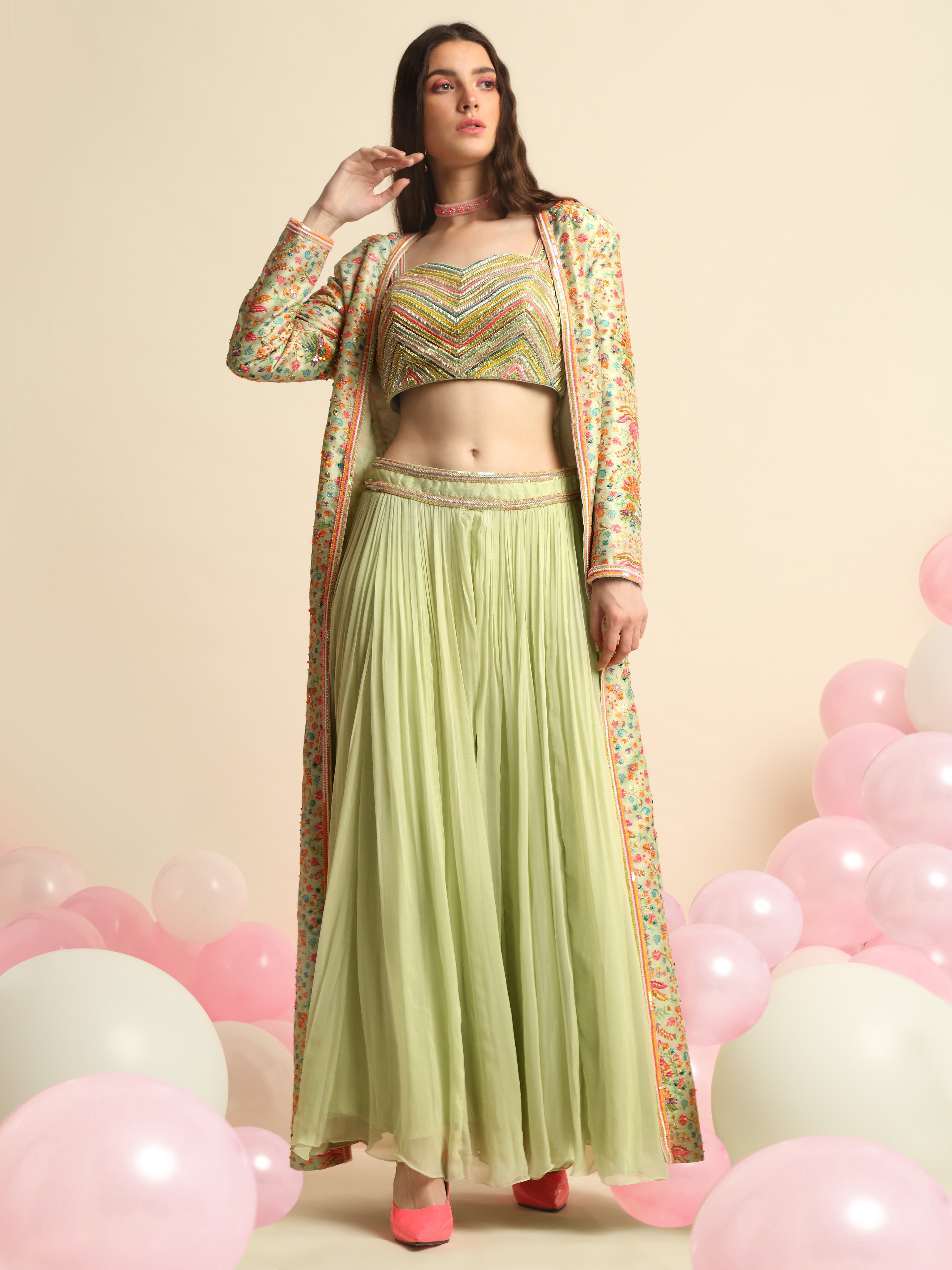 Mint Green Printed And Embroidered Peplum Jacket Set