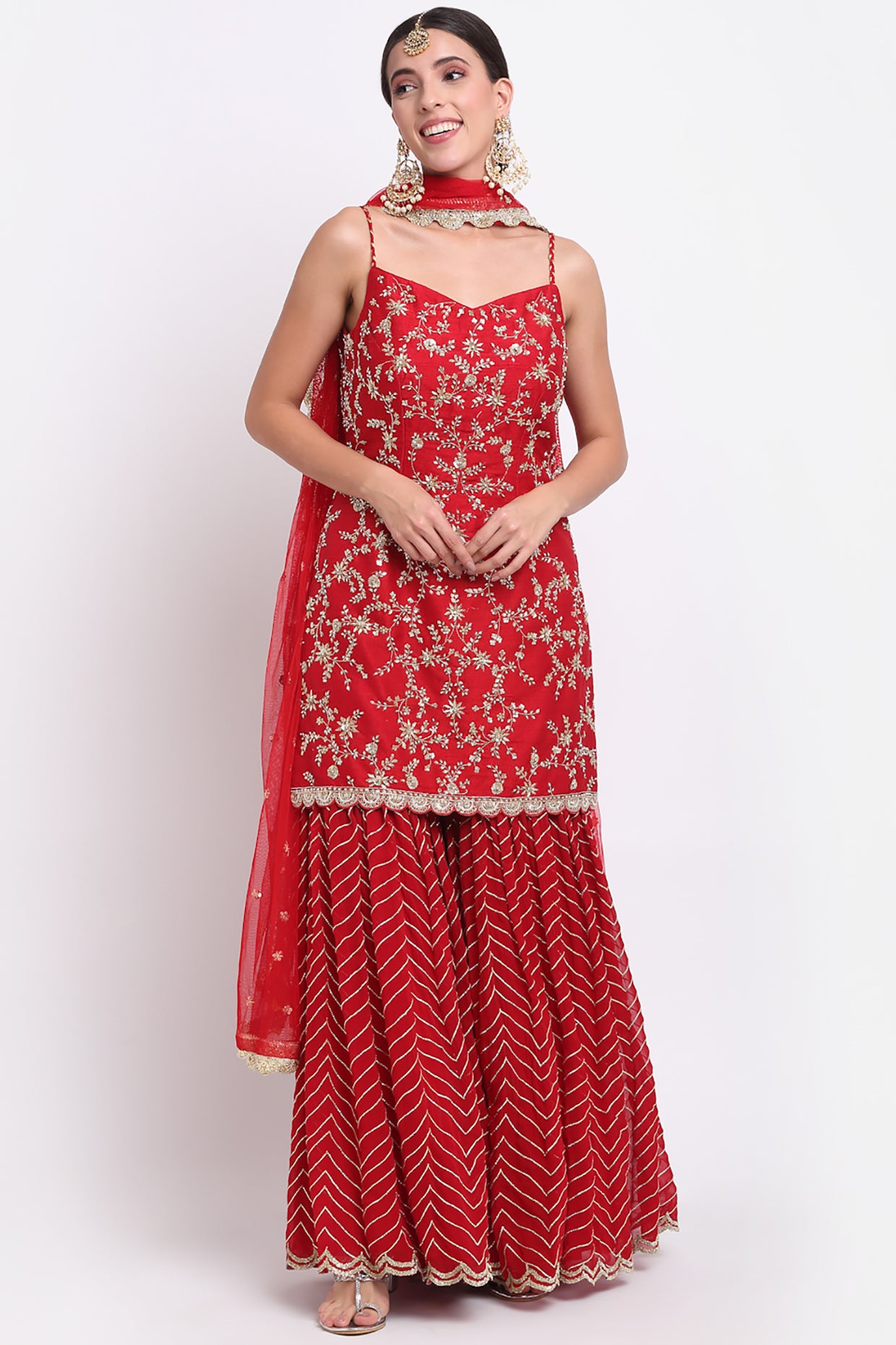 Red Embroidered Sharara Set
