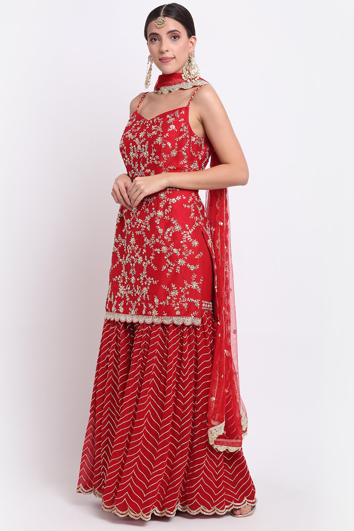 Red Embroidered Sharara Set