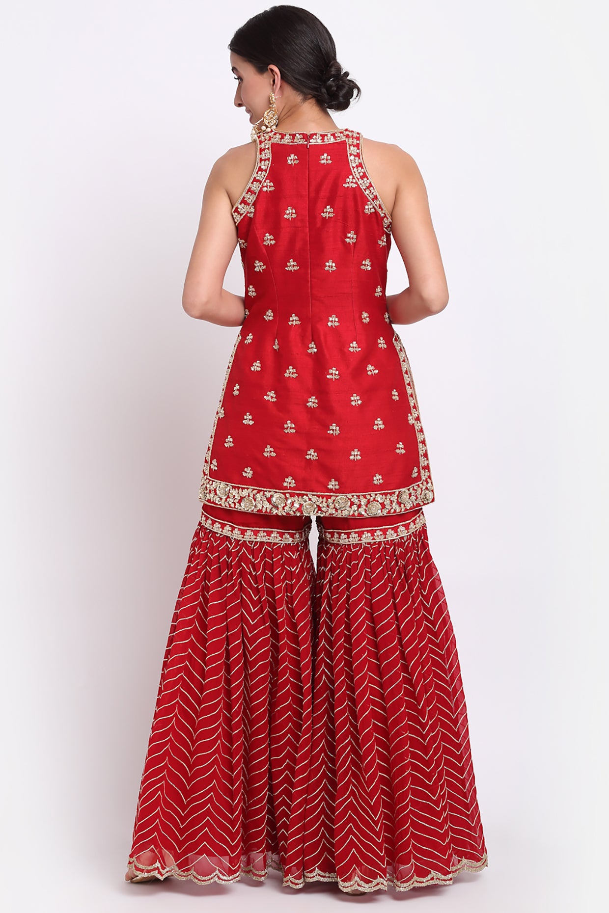 Red Halter Neck Embroidered Sharara Set