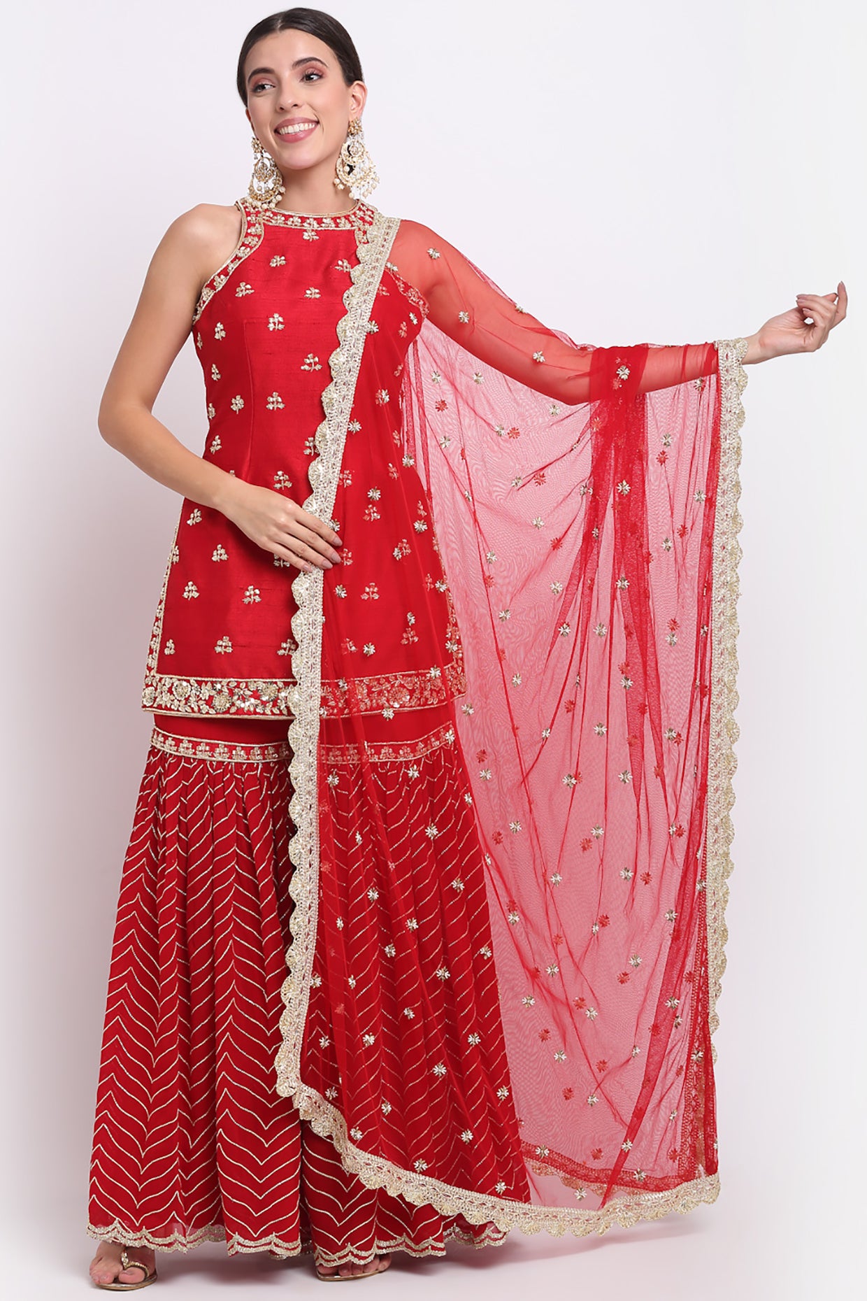 Red Halter Neck Embroidered Sharara Set