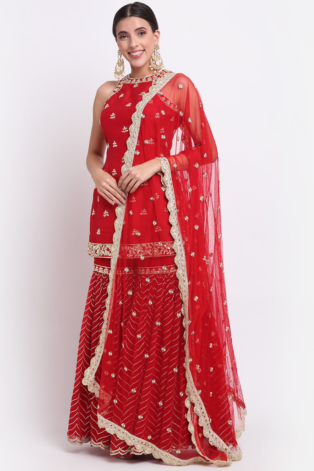 Red Halter Neck Embroidered Sharara Set