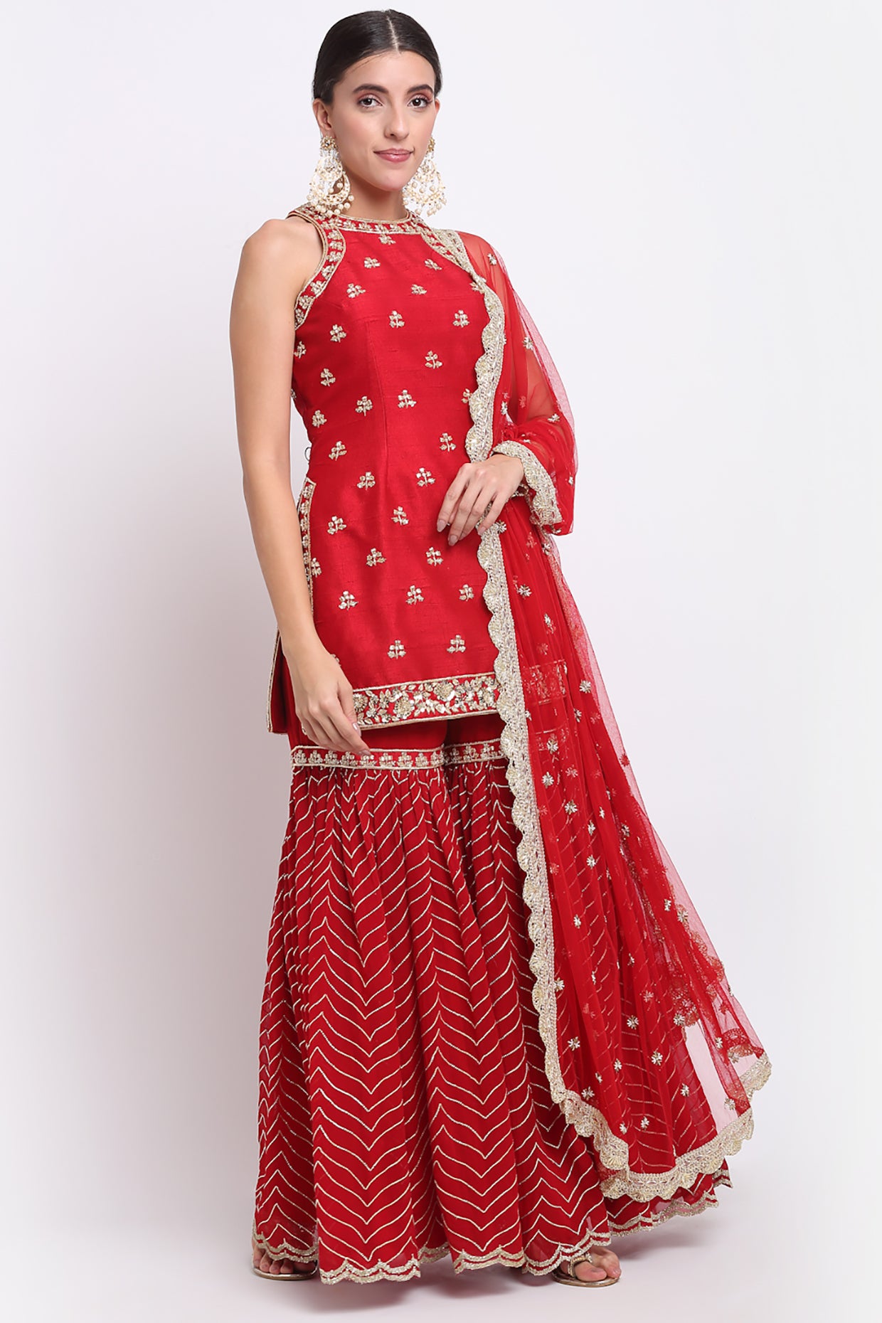 Red Halter Neck Embroidered Sharara Set