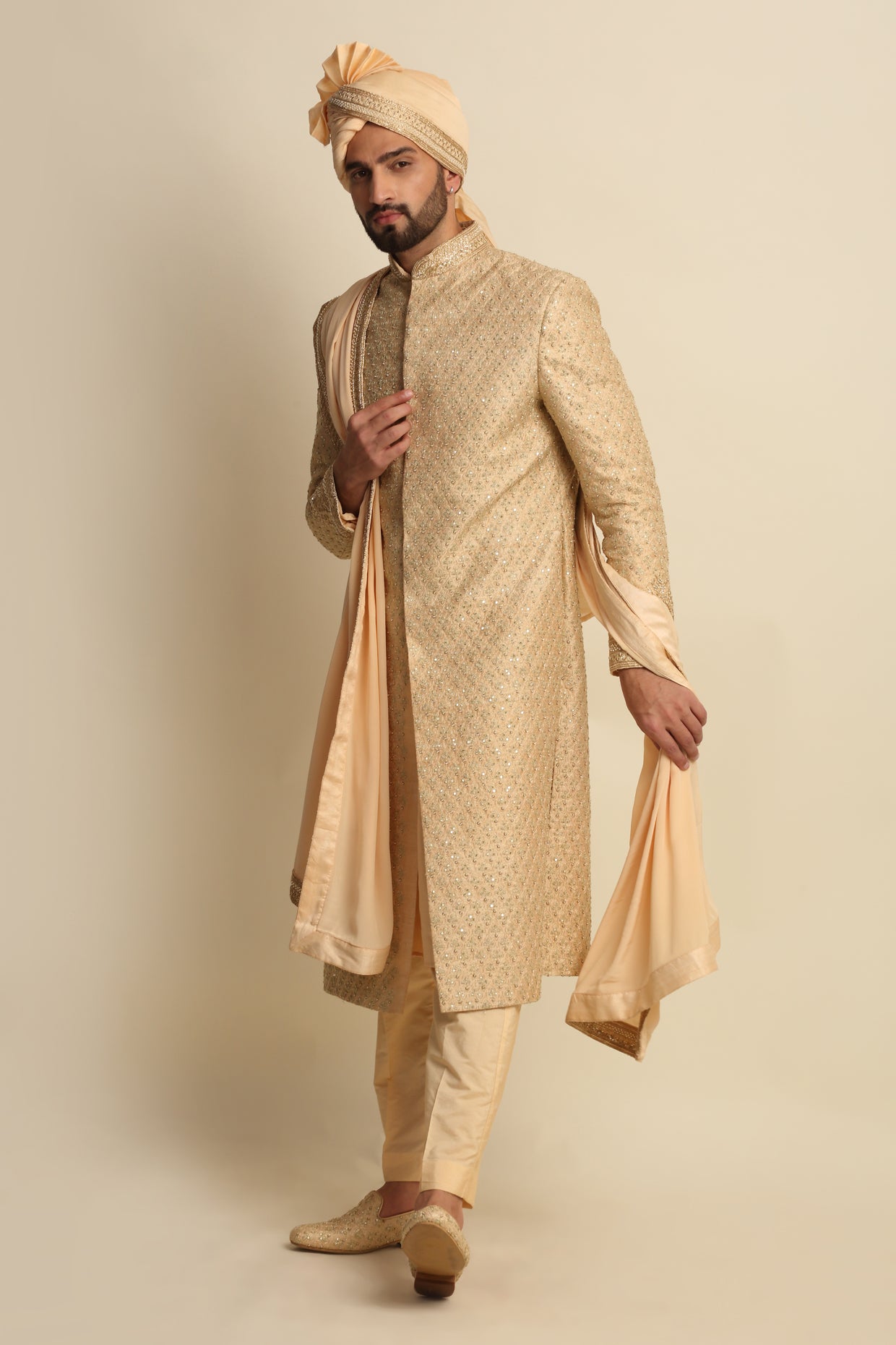 Golden Embroidered Groom Attire | Priyanka Jain Official Luxury Your Way Pvt Ltd Golden Embroidered Groom Attire | Priyanka Jain Official Luxury Your Way Pvt Ltd