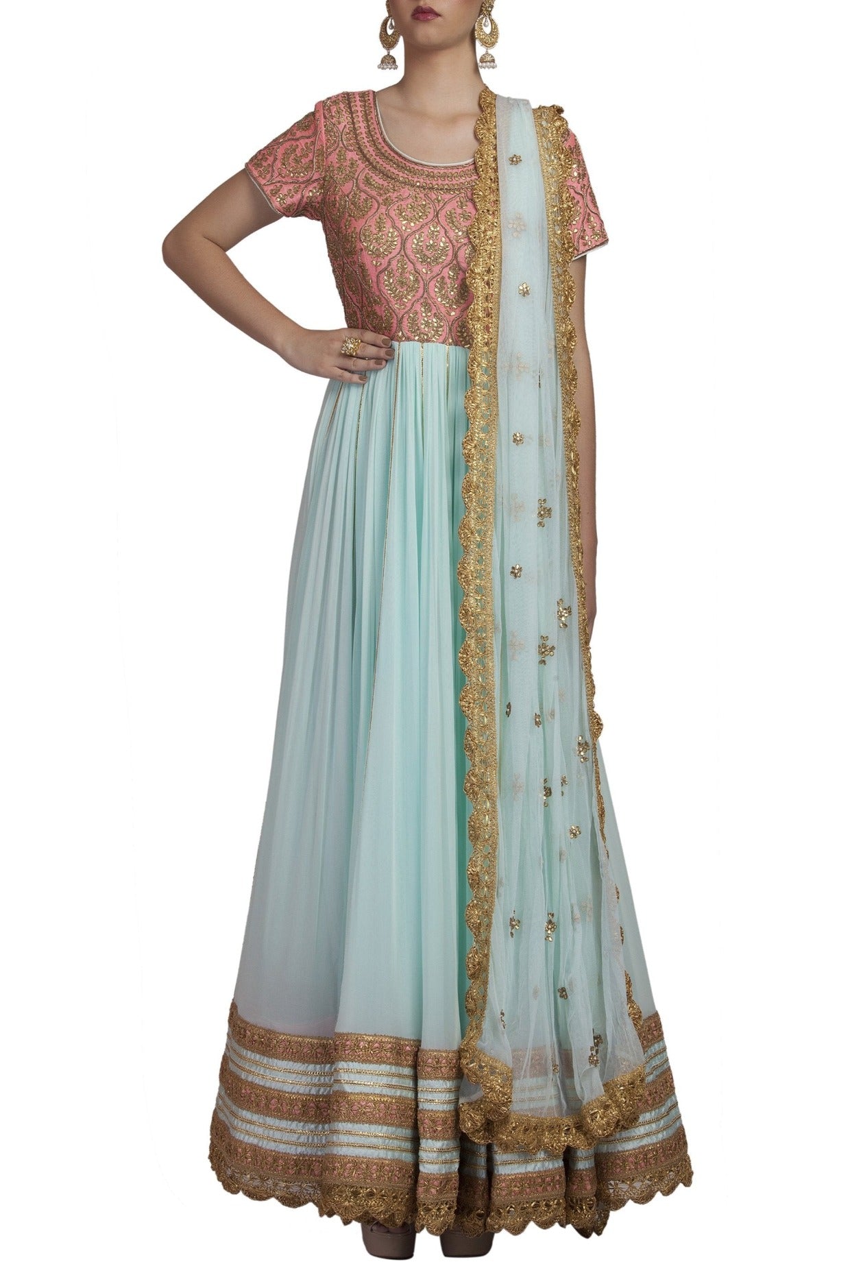 Blue And Pink Embroidered Anarkali