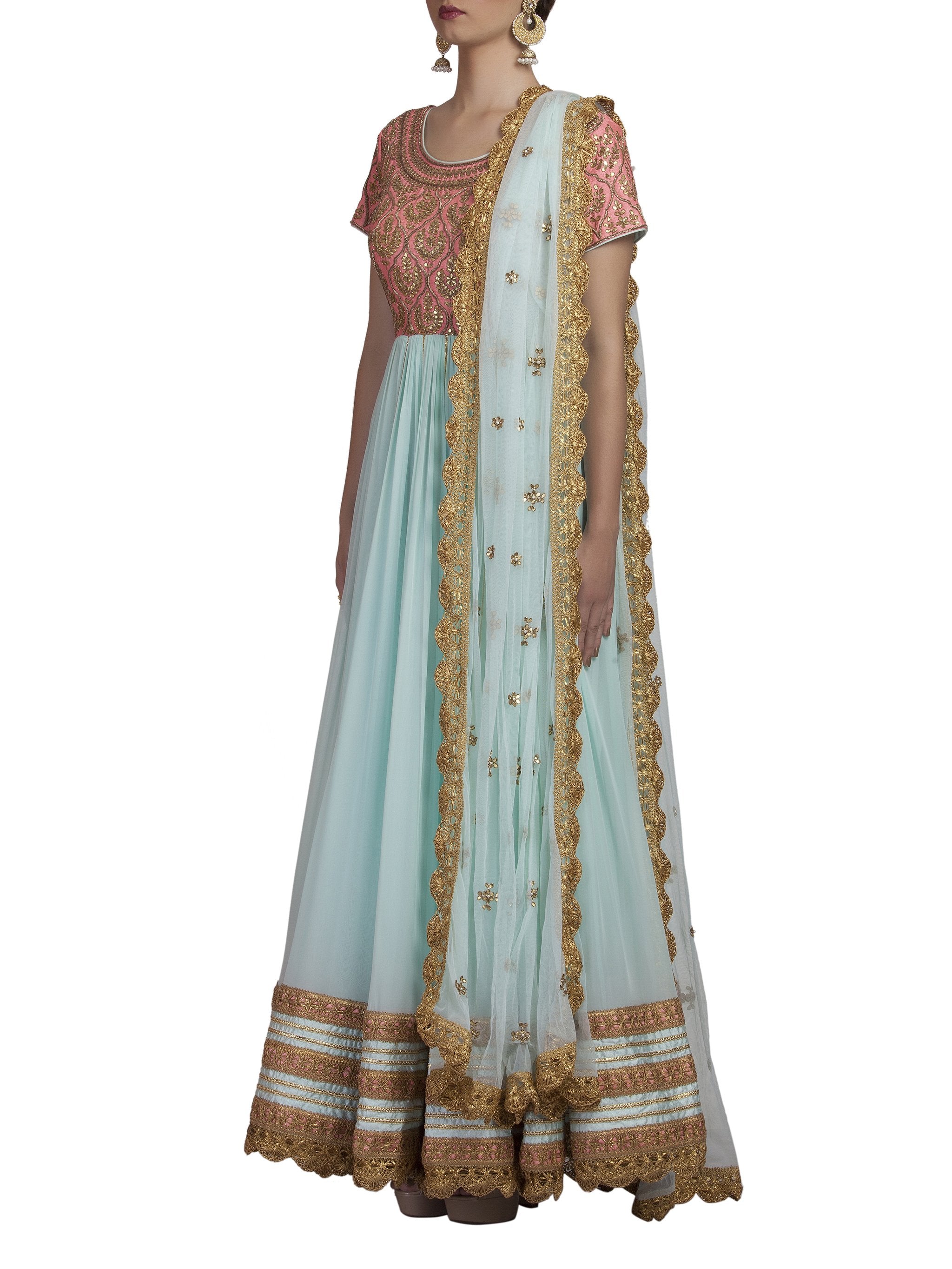 Blue And Pink Embroidered Anarkali
