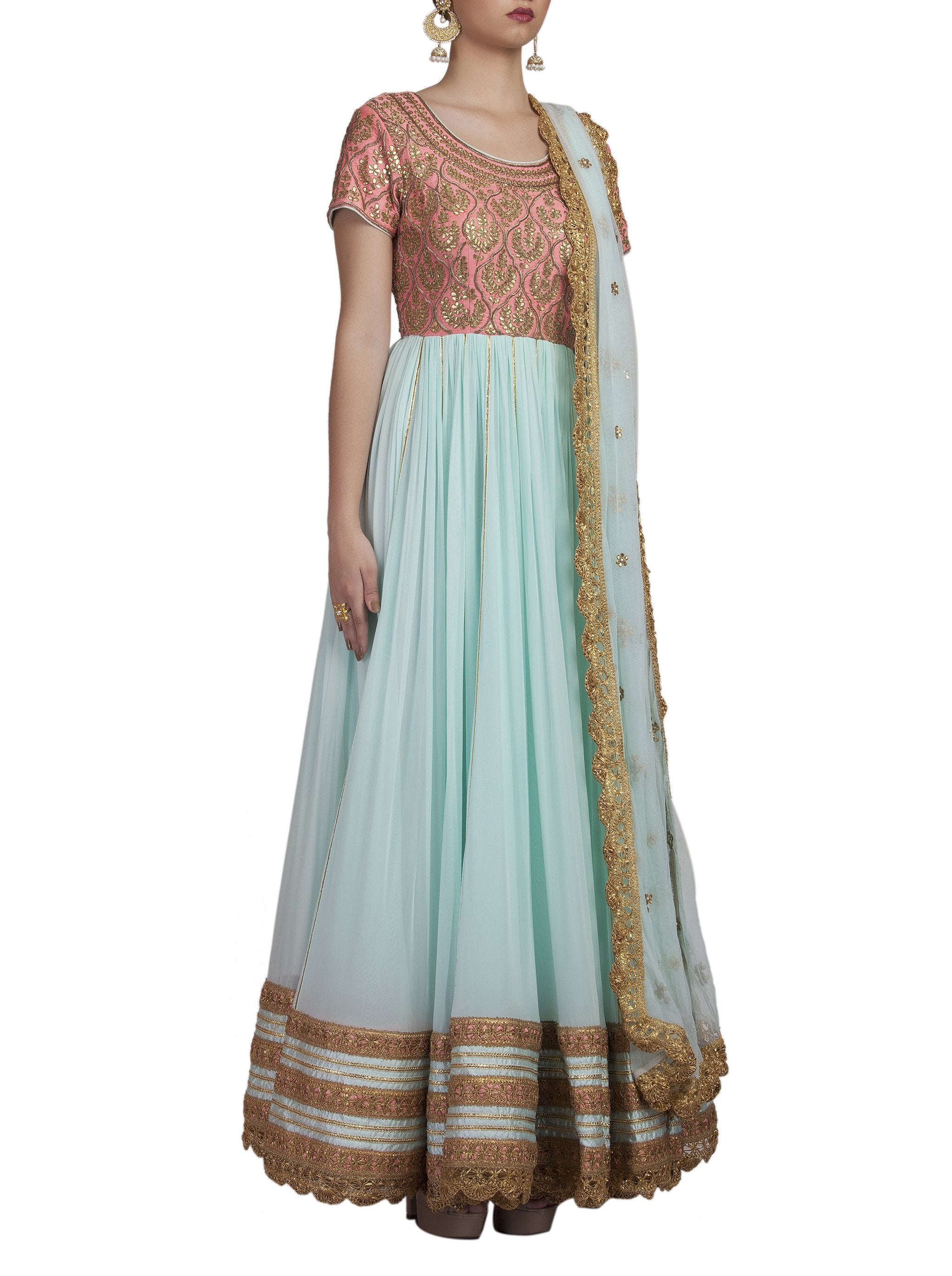Blue And Pink Embroidered Anarkali