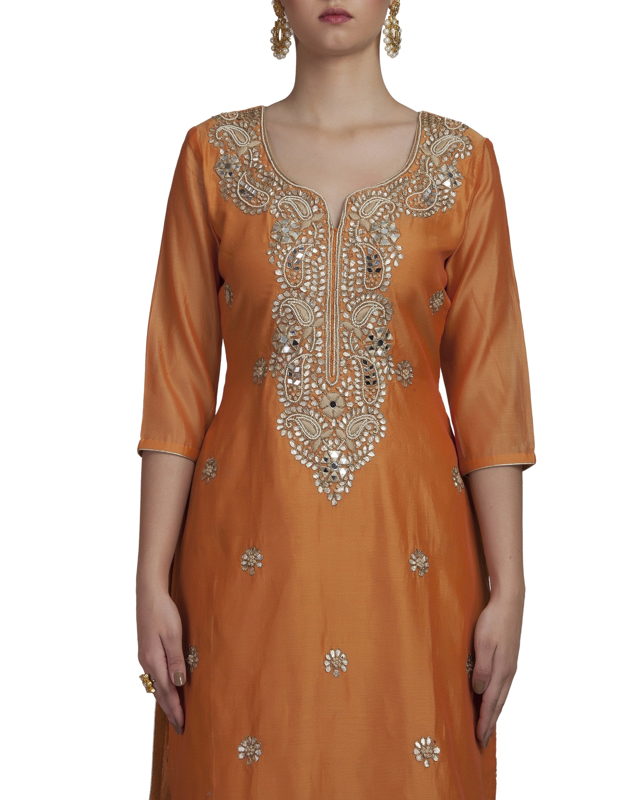 Mustard Embroidered Kurta And Palazzo Set