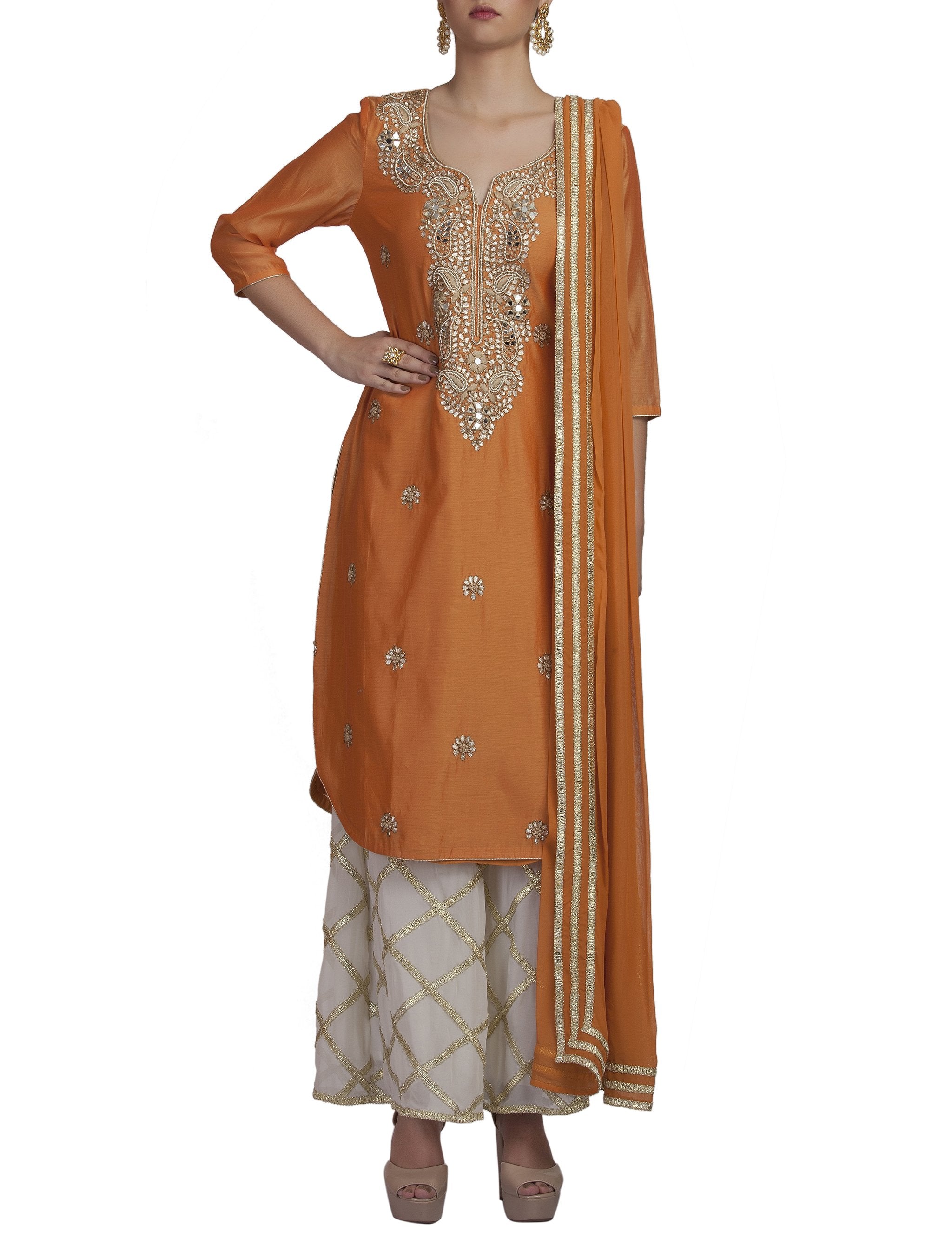 Mustard Embroidered Kurta And Palazzo Set