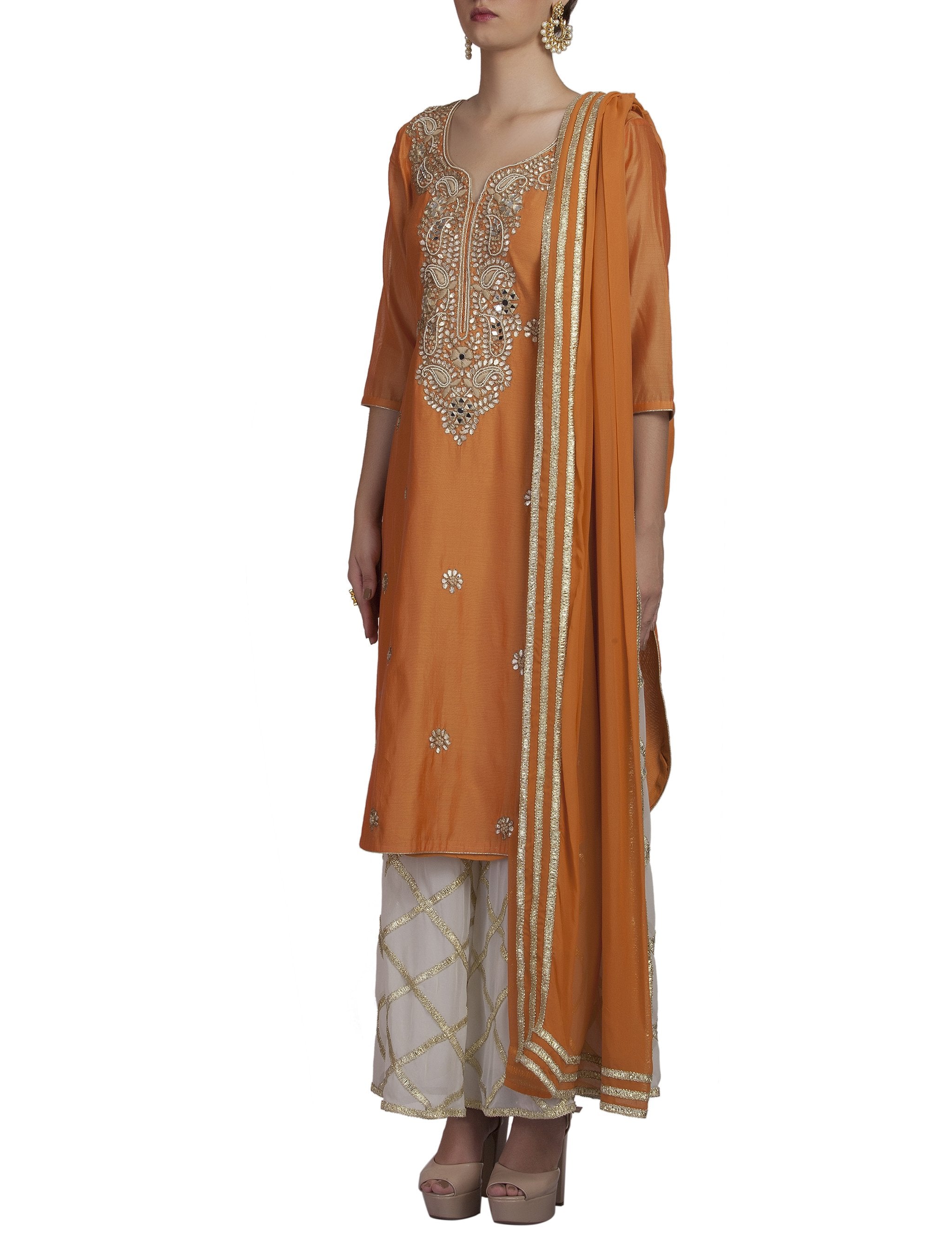Mustard Embroidered Kurta And Palazzo Set