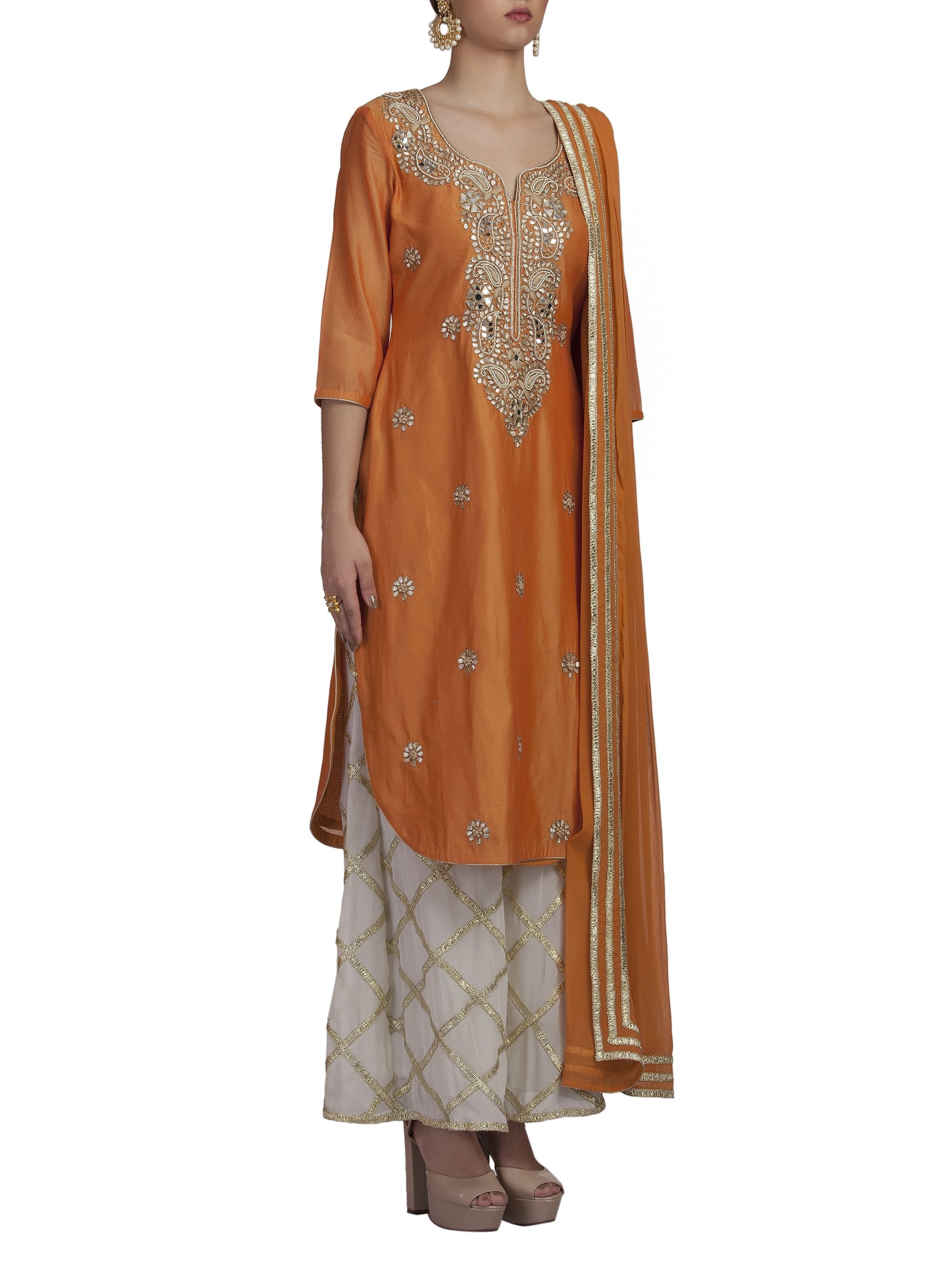 Mustard Embroidered Kurta And Palazzo Set