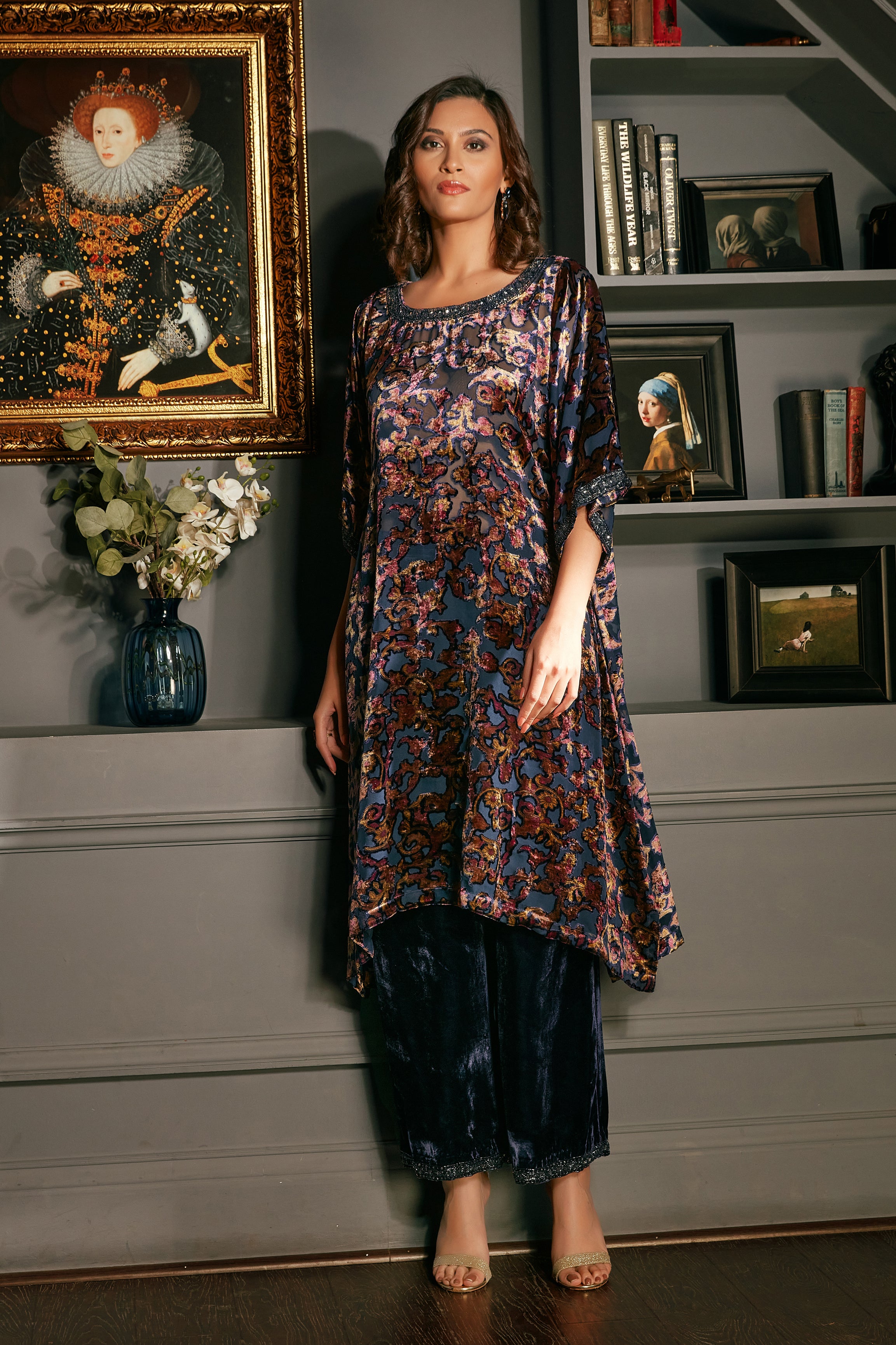 Midnight Blue Printed Velvet Suit Set