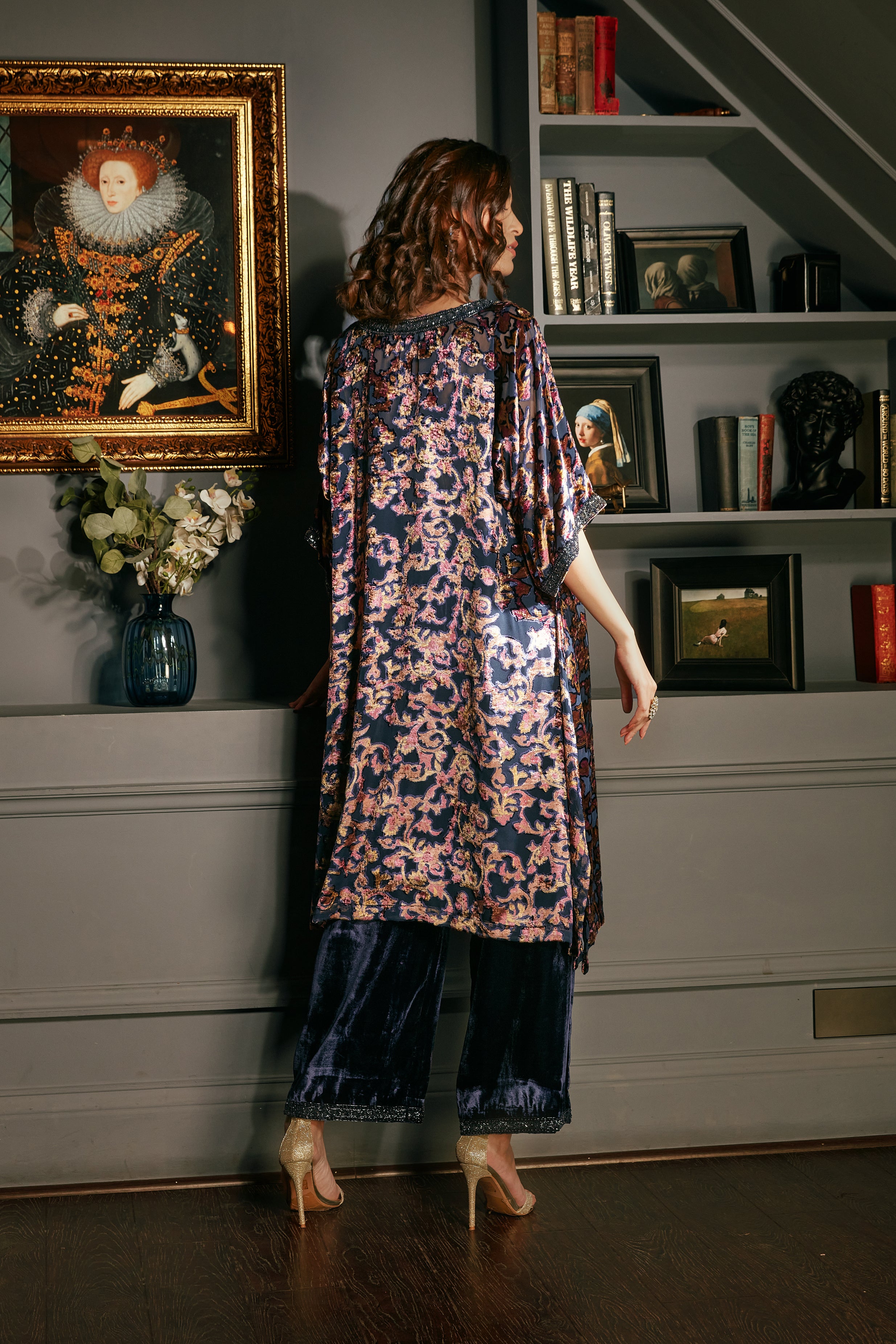 Midnight Blue Printed Velvet  Suit Set