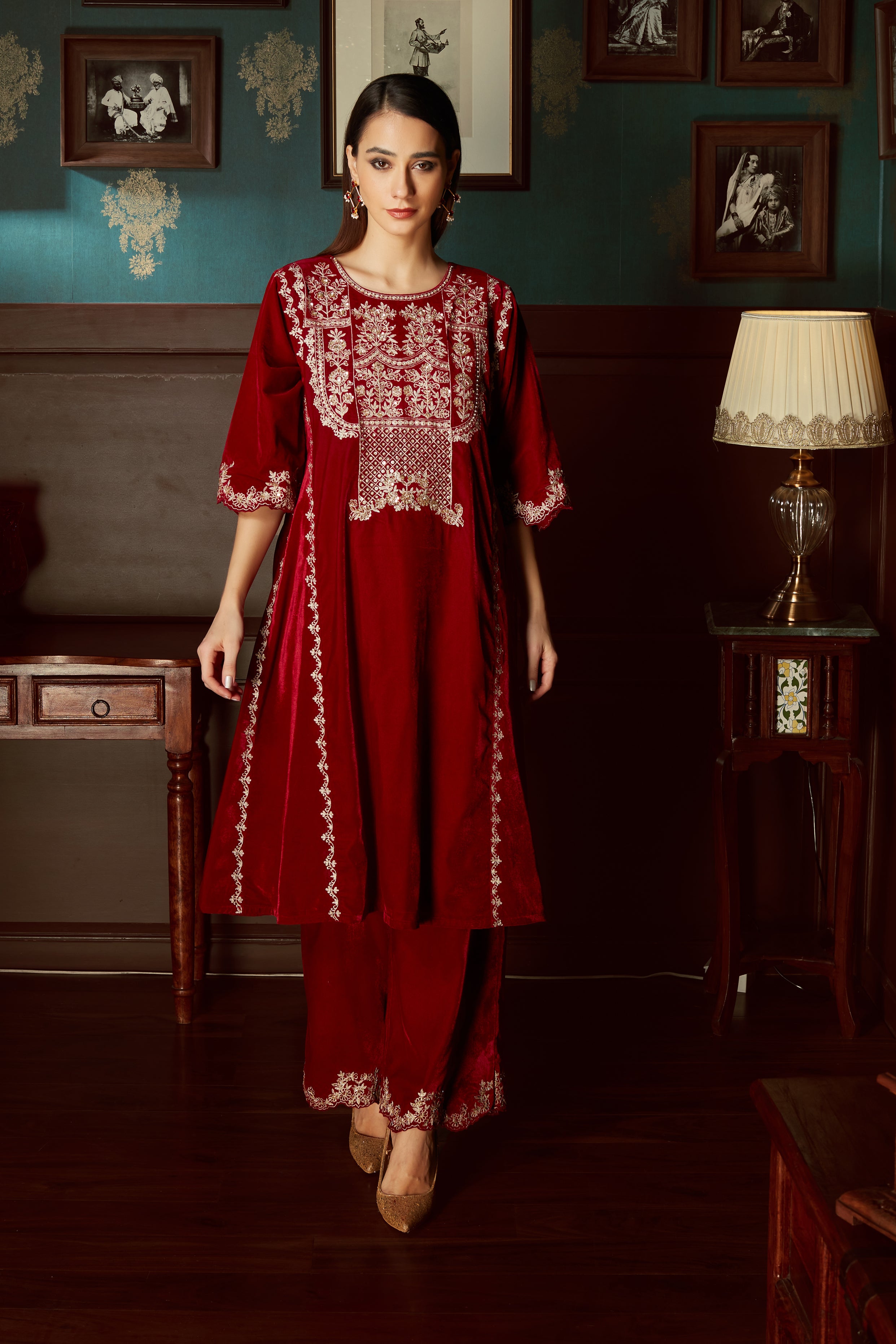 Red Embroidered Velvet  Suit Set