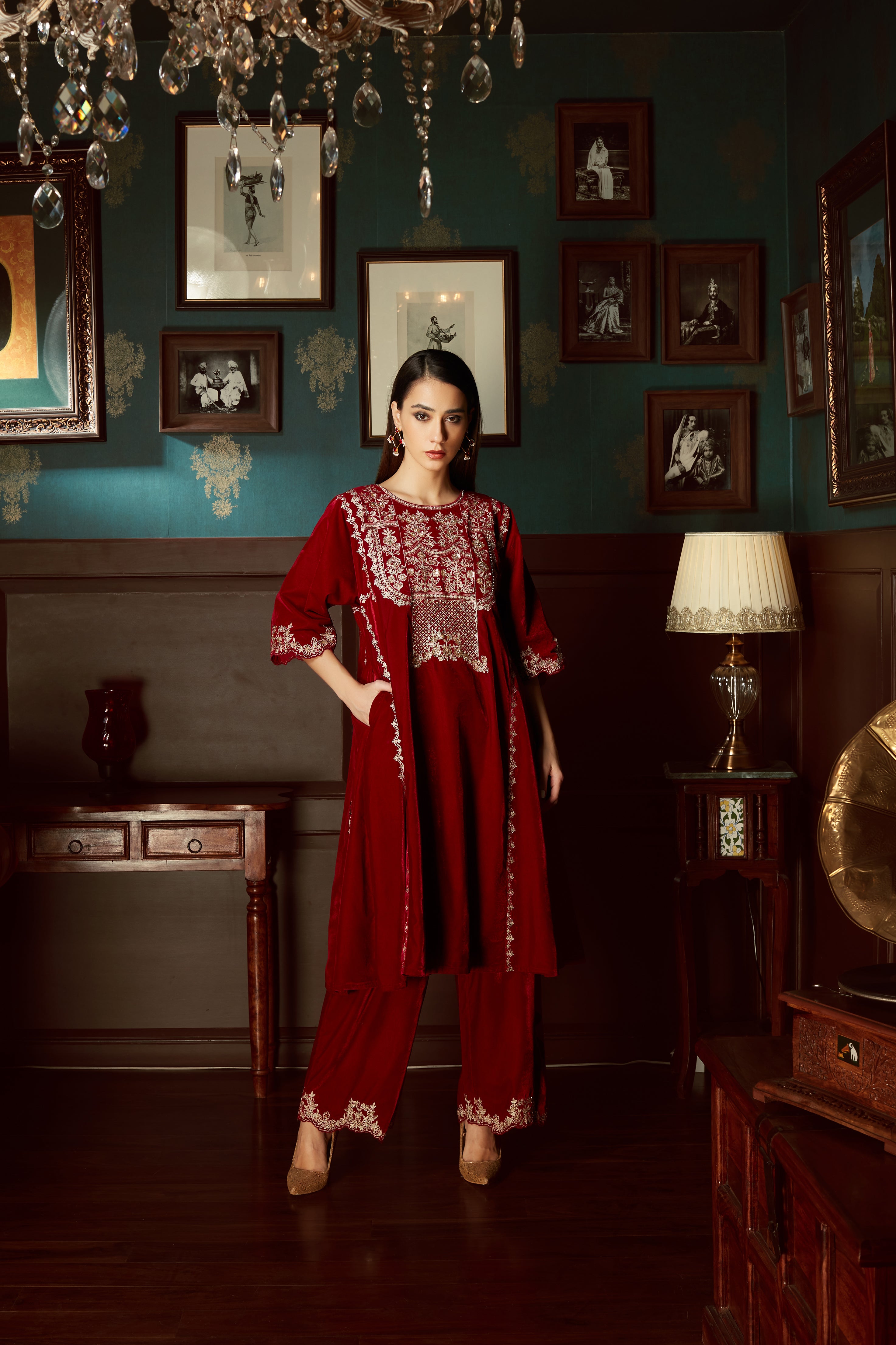Red Embroidered Velvet  Suit Set