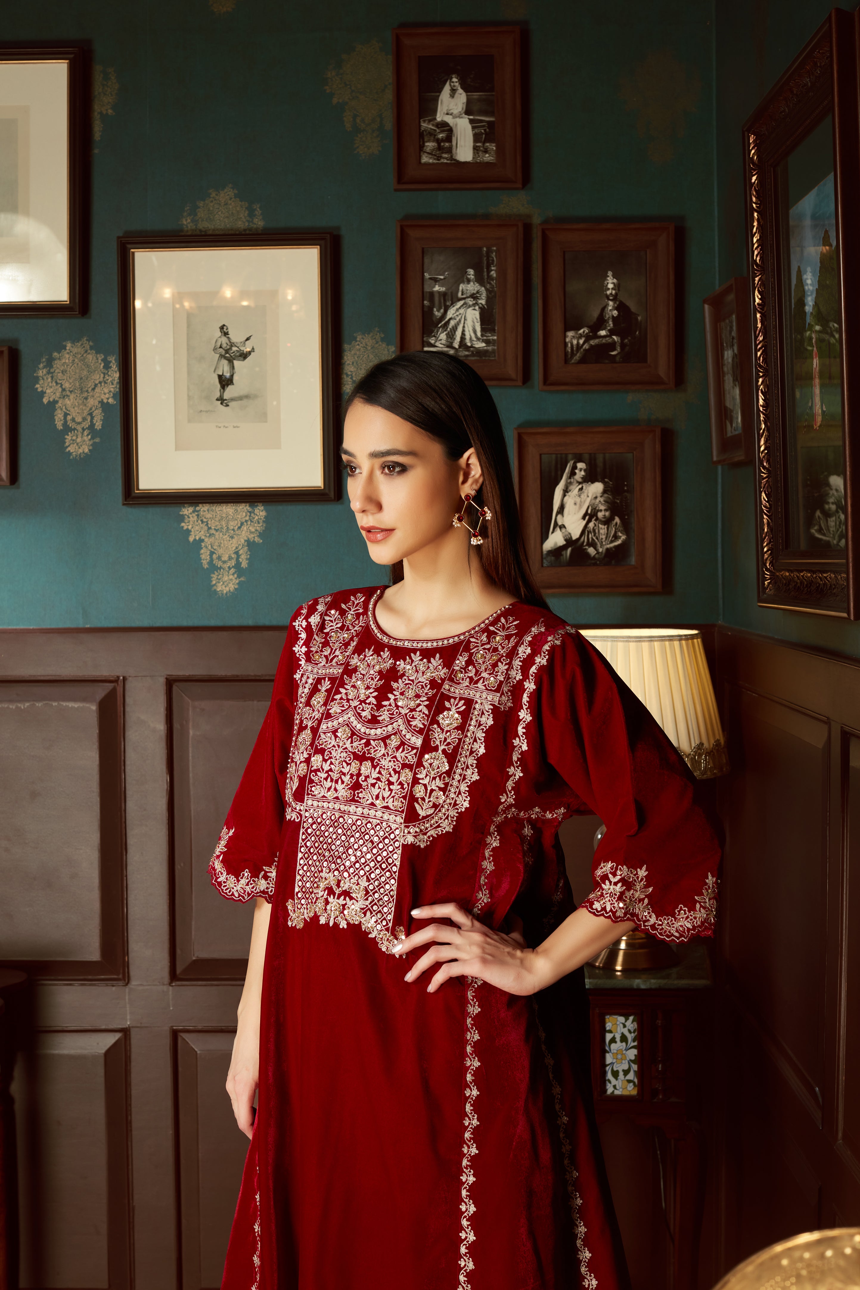 Red Embroidered Velvet  Suit Set