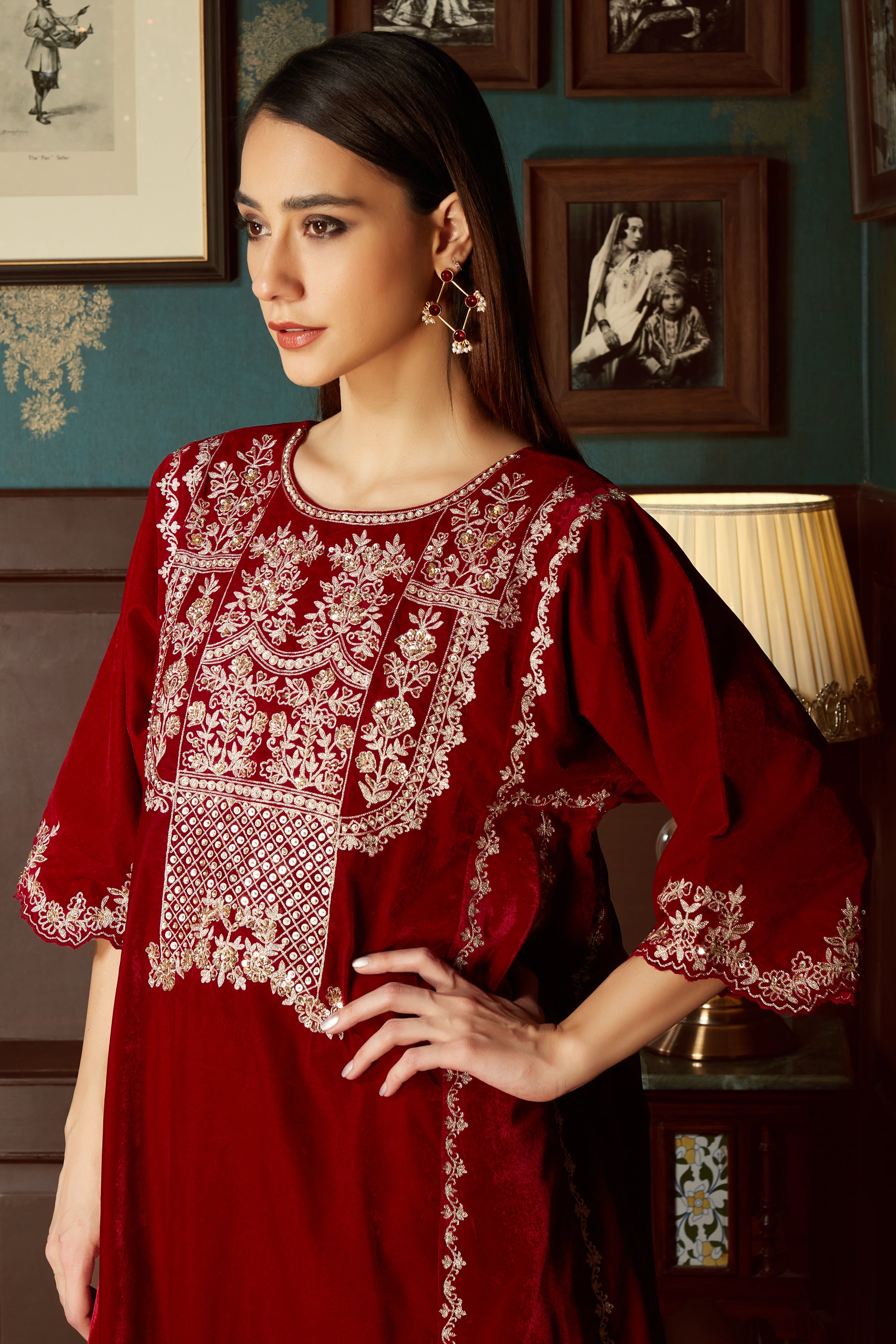 Red Embroidered Velvet  Suit Set