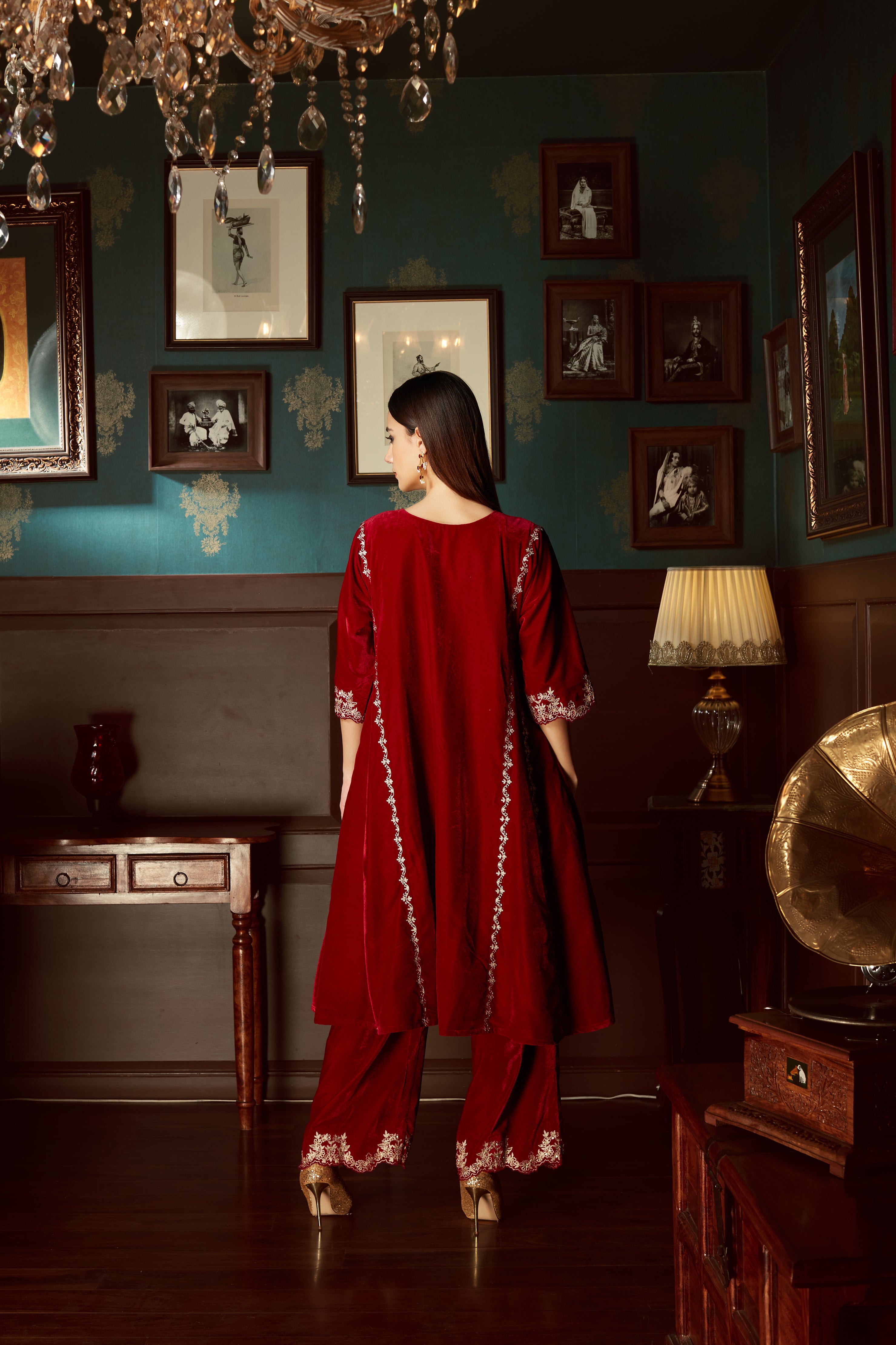 Red Embroidered Velvet  Suit Set