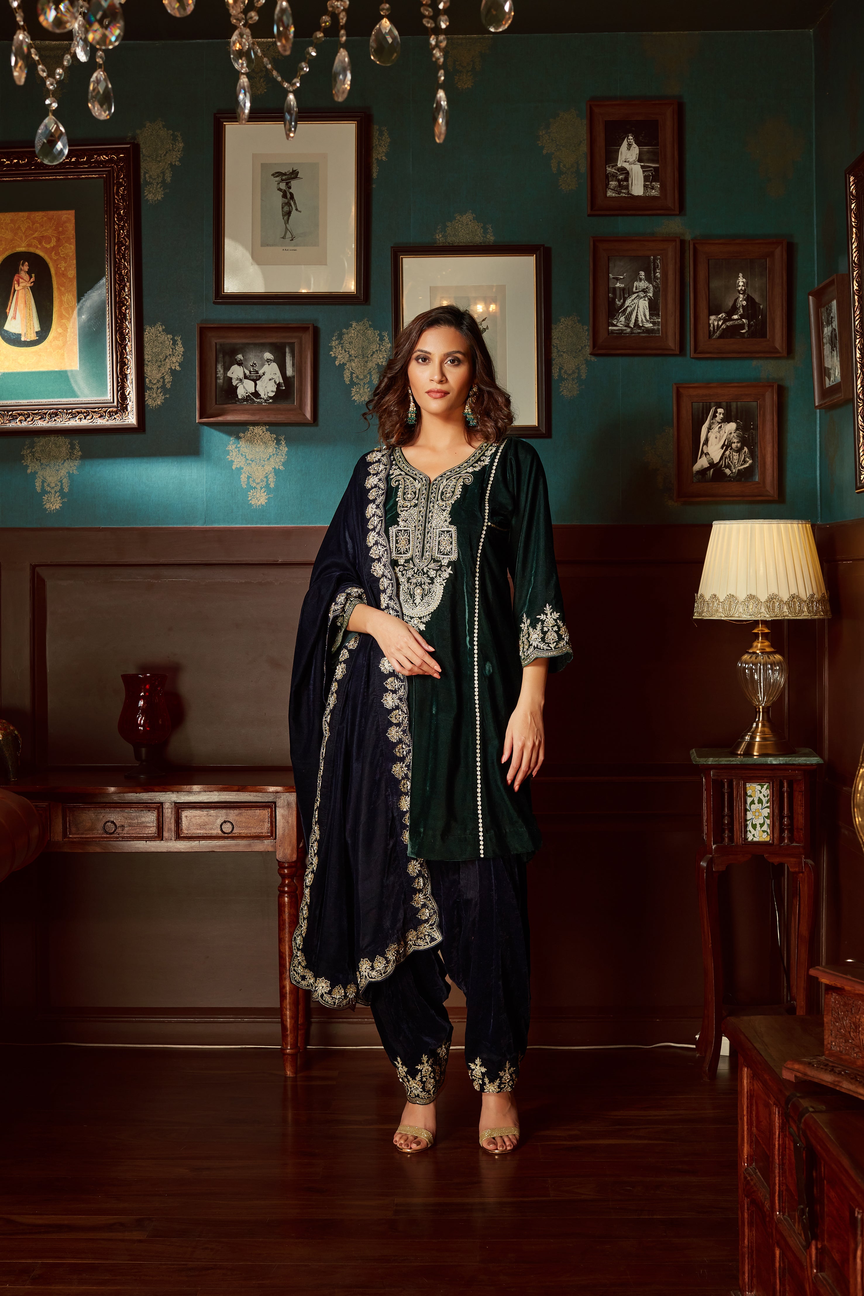 Bottle Green Embroidered Velvet  Suit Set