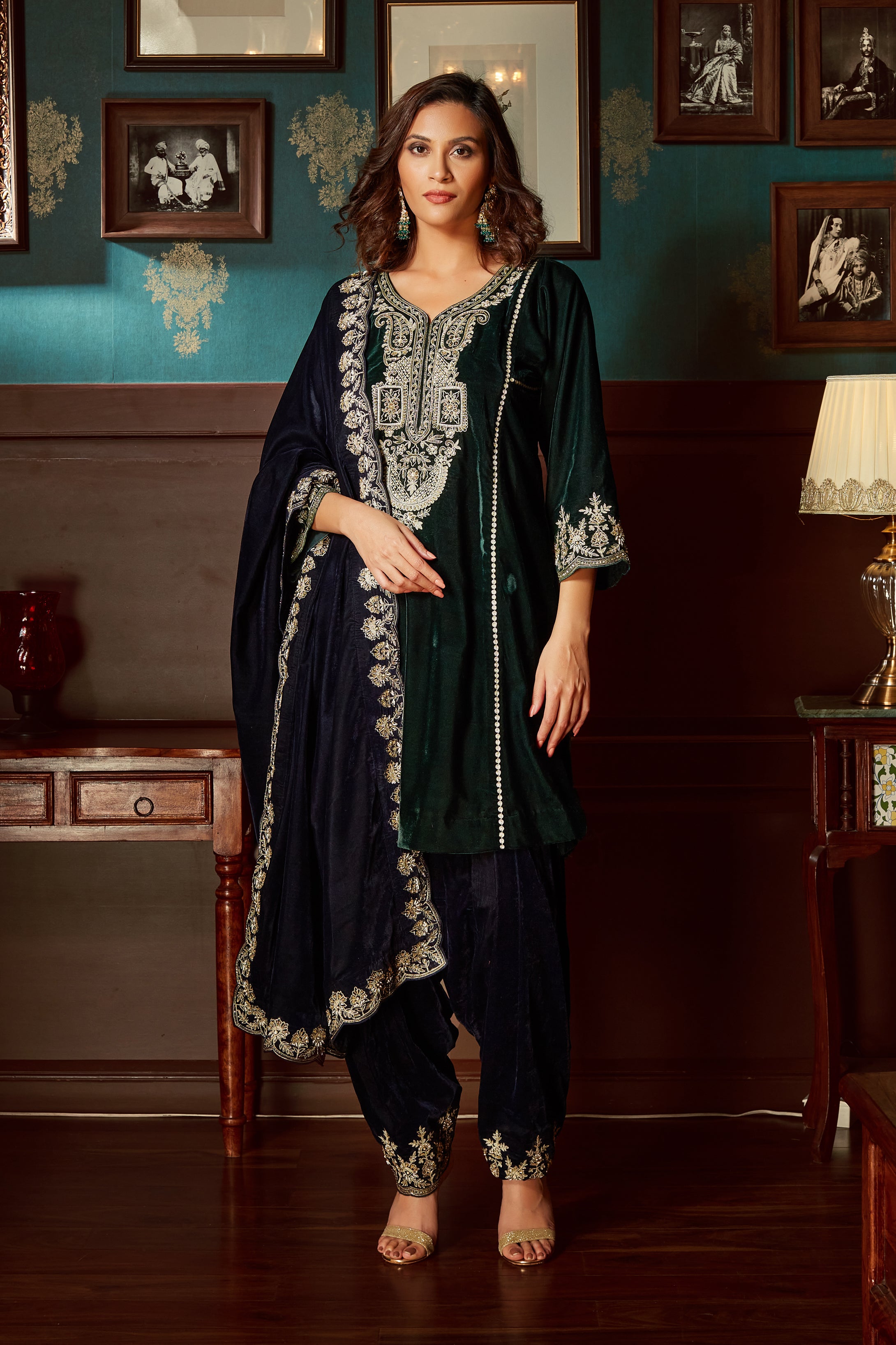 Bottle Green Embroidered Velvet  Suit Set