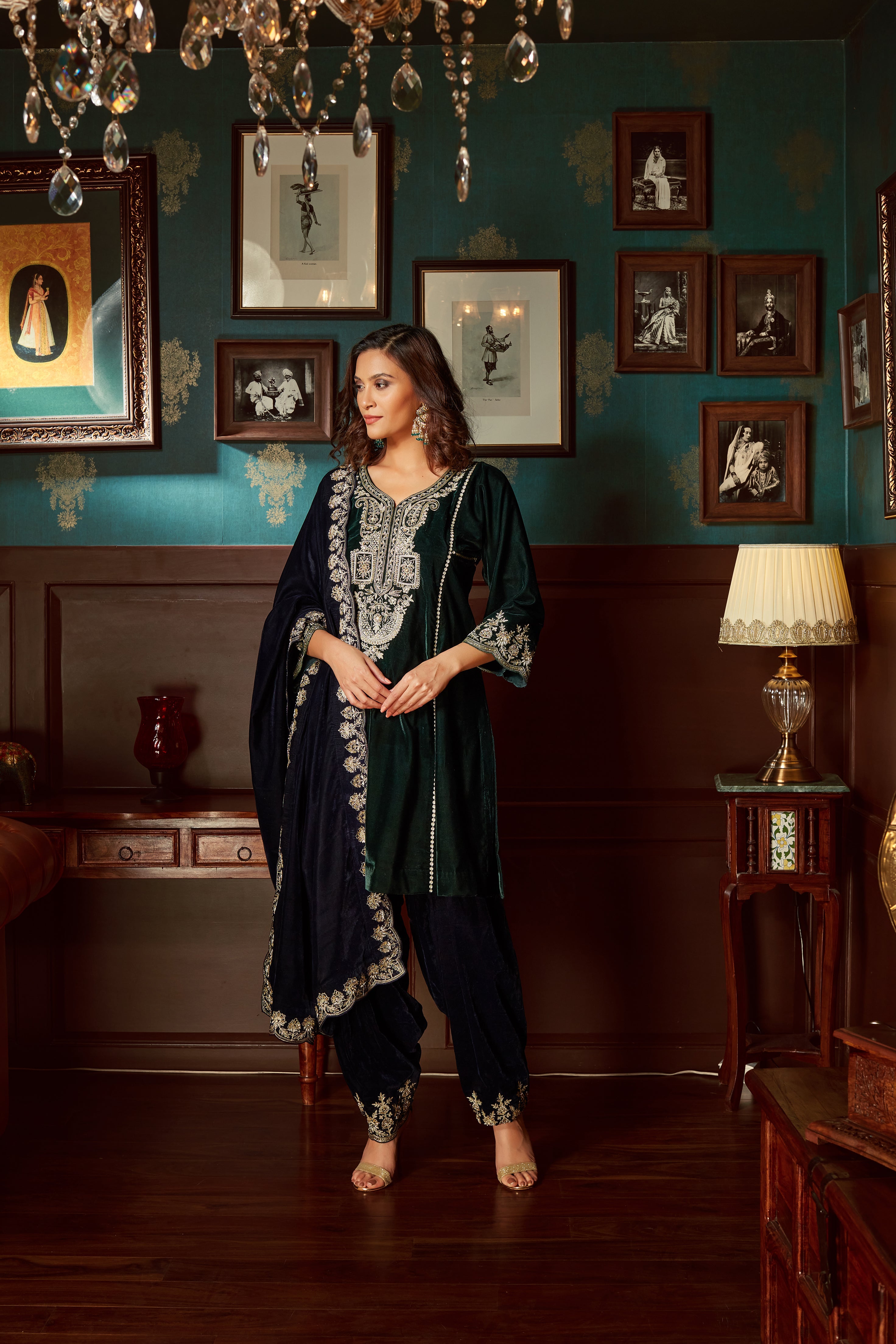 Bottle Green Embroidered Velvet  Suit Set