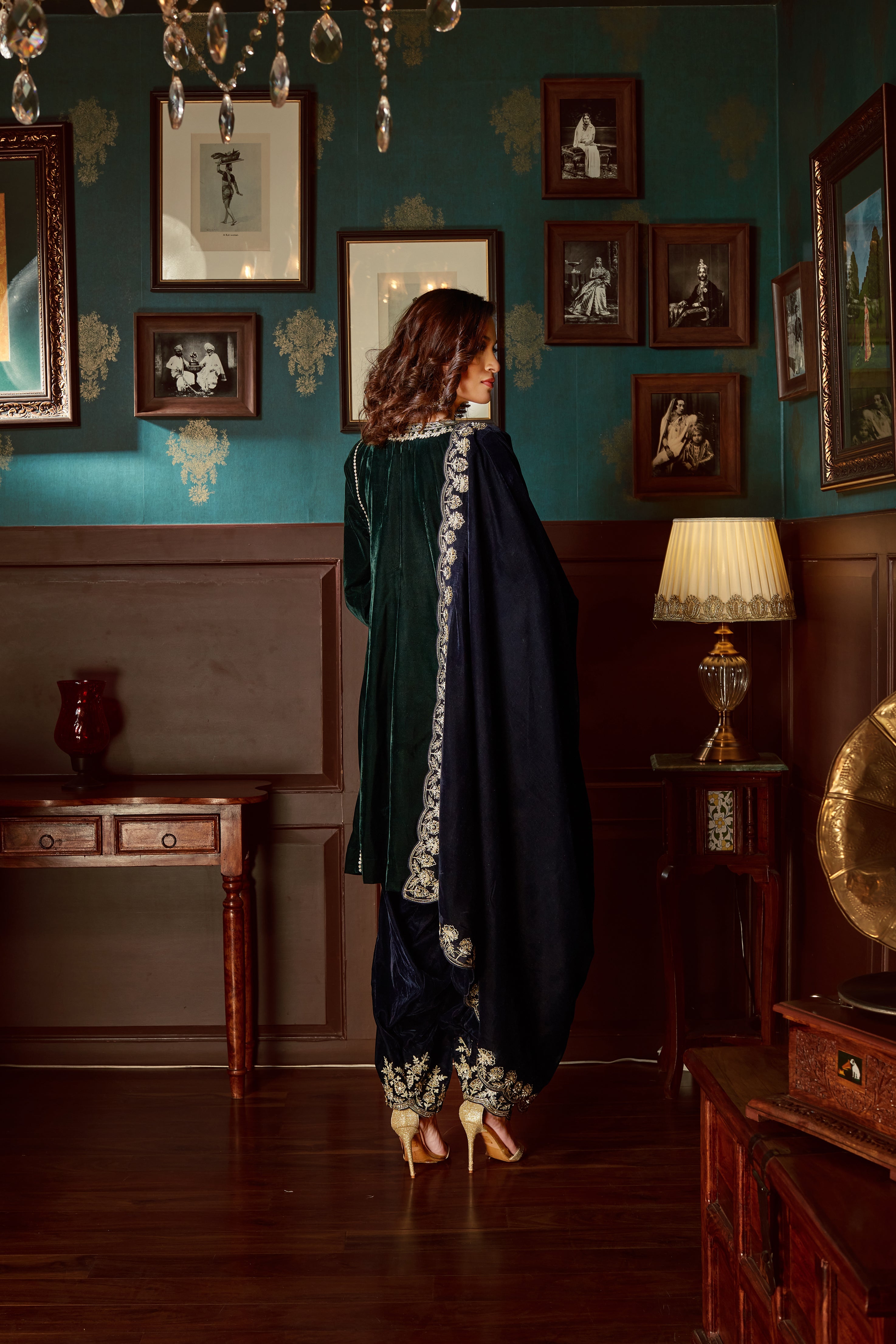Bottle Green Embroidered Velvet  Suit Set