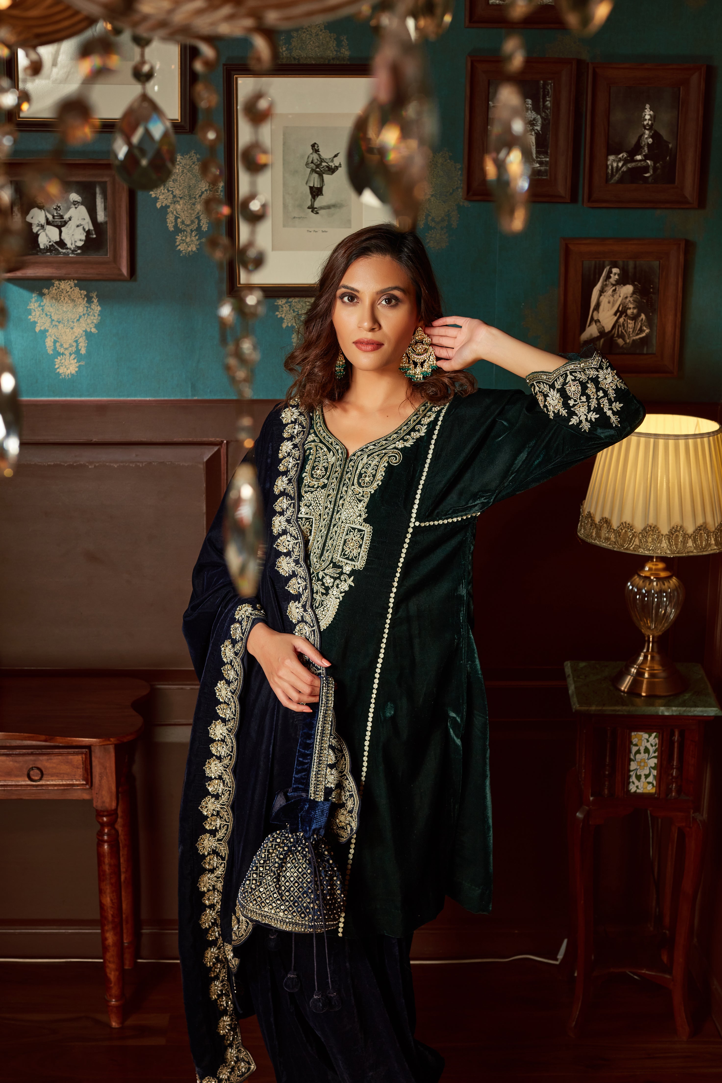 Bottle Green Embroidered Velvet  Suit Set