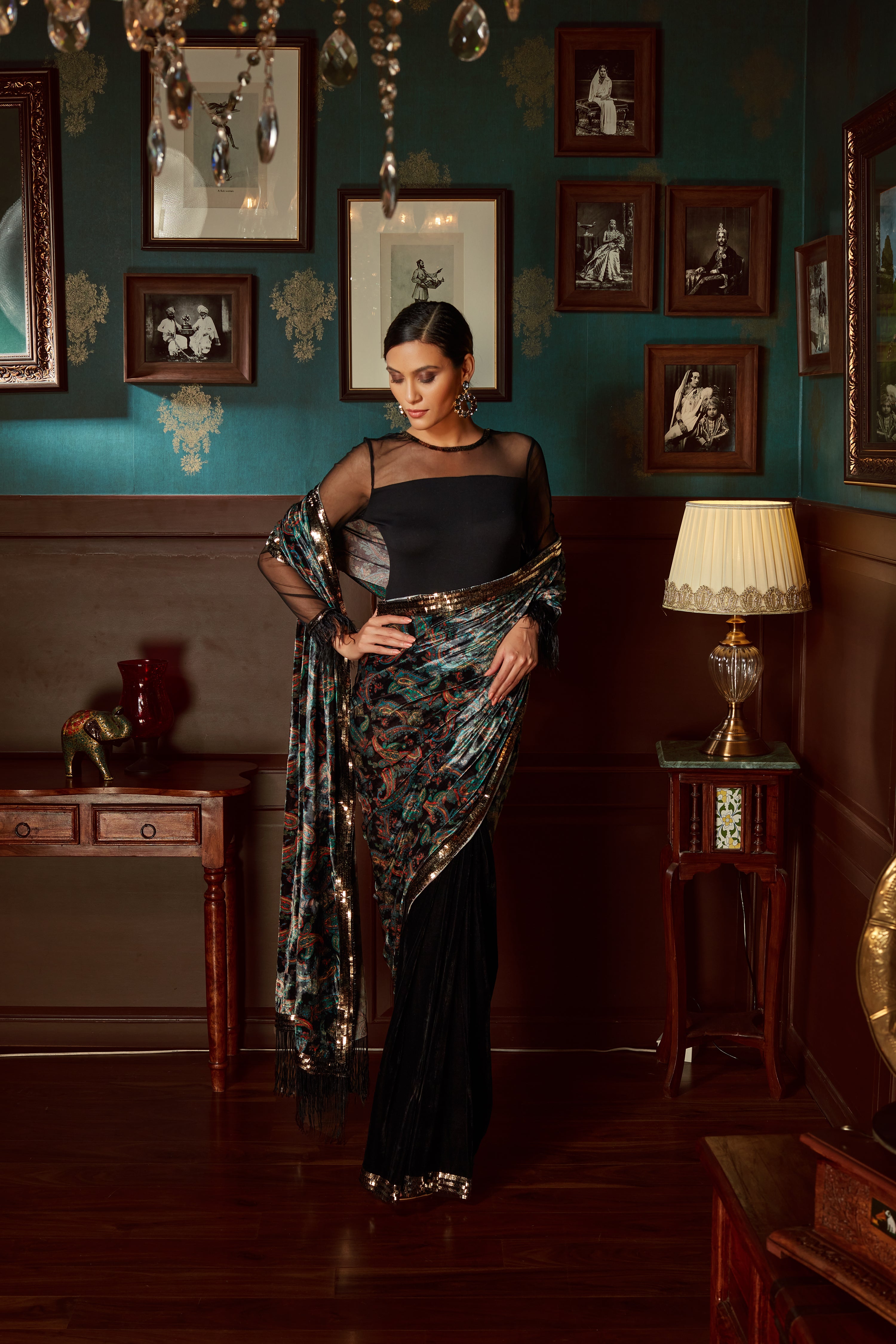 Black Velvet Printed Saree