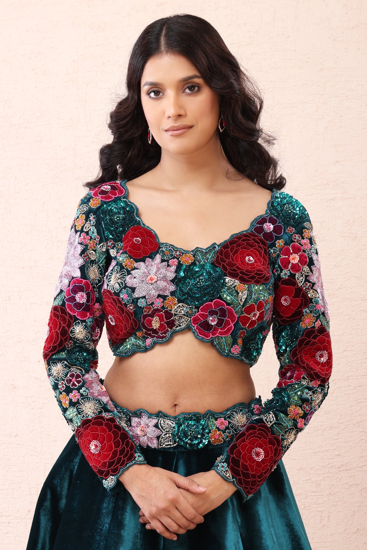 Teal Velvet Rose Élan Lehenga Set
