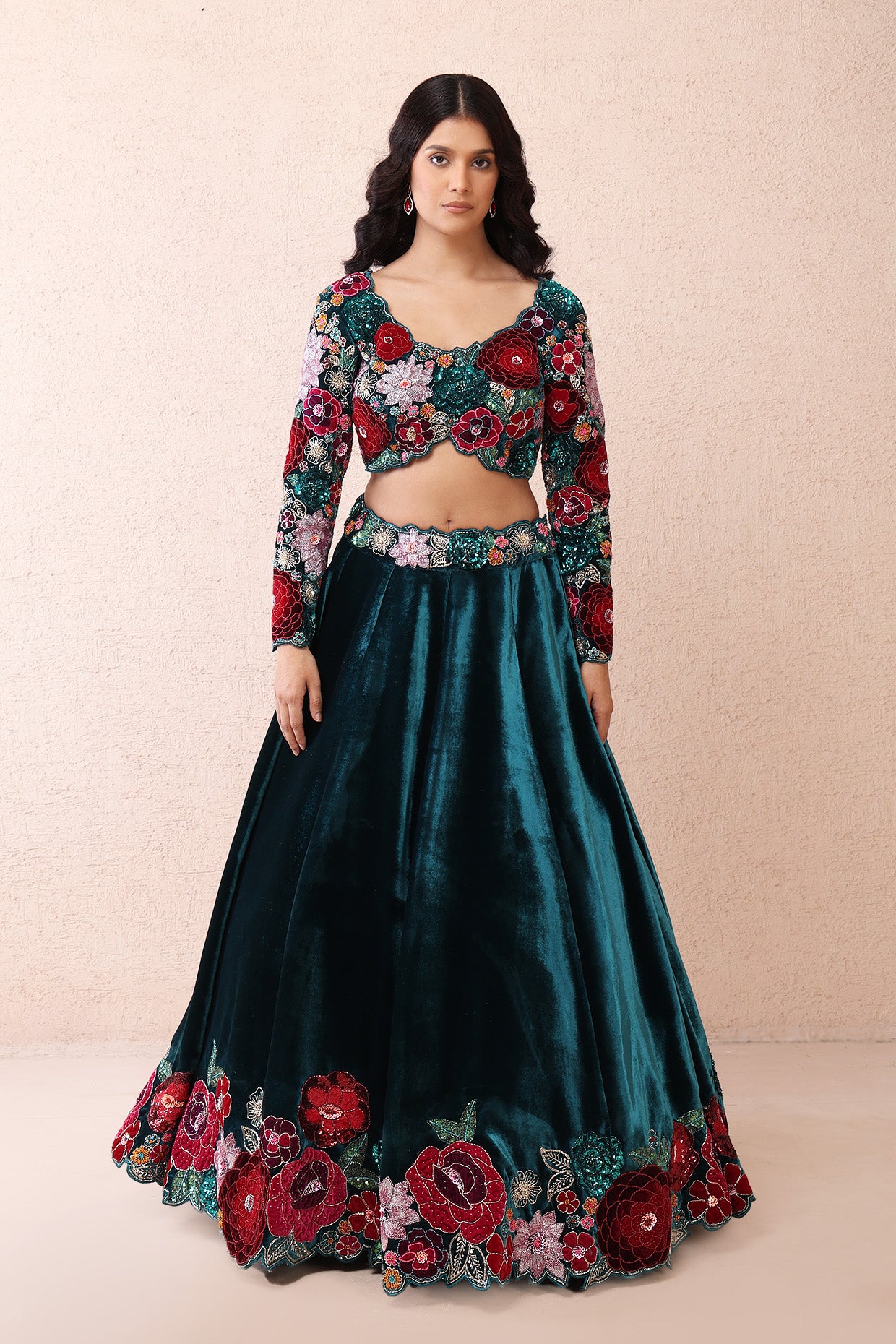 Teal Velvet Rose Élan Lehenga Set