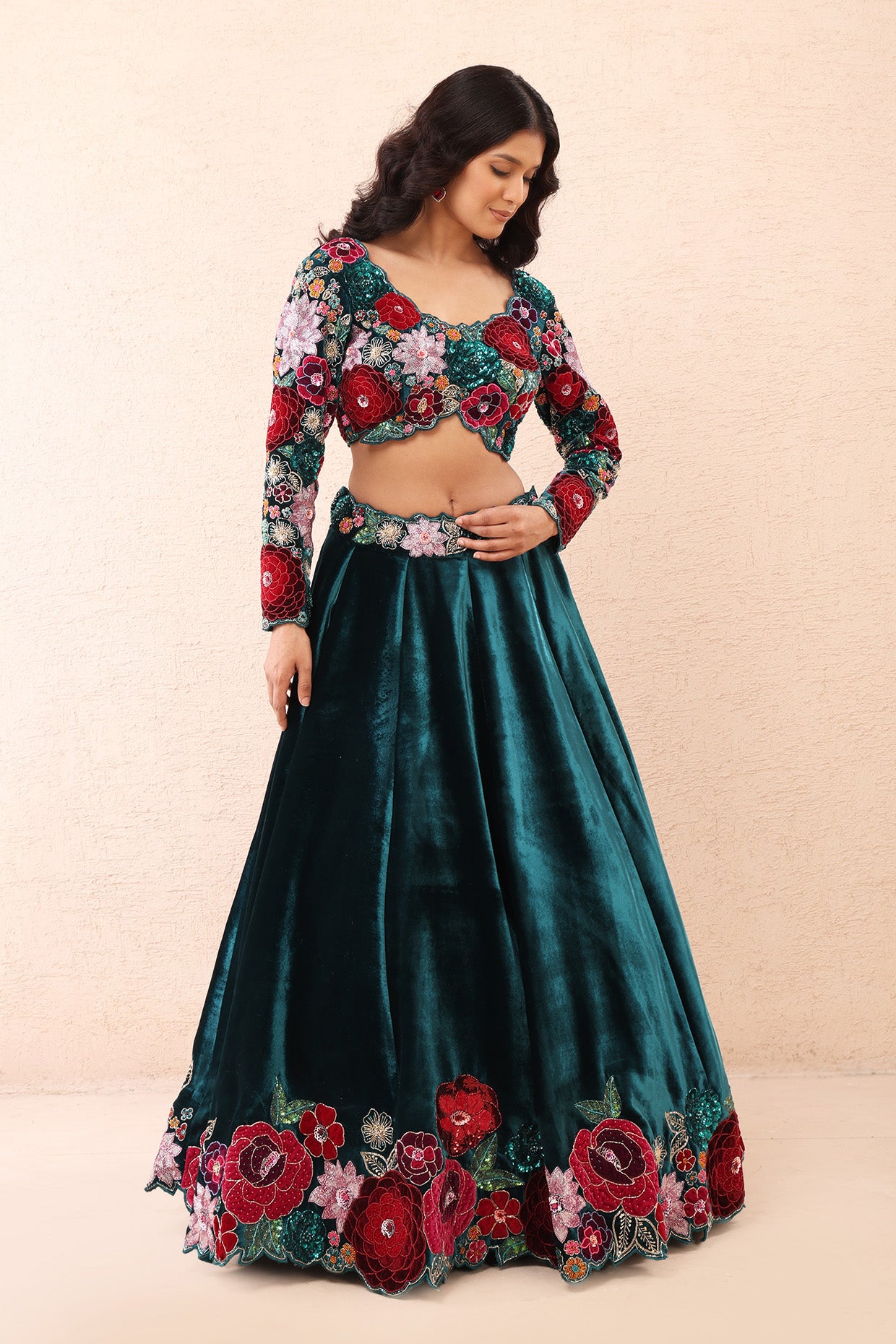 Teal Velvet Rose Élan Lehenga Set