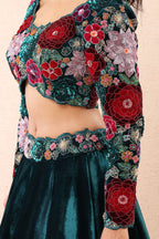 Teal Velvet Rose Élan Lehenga Set