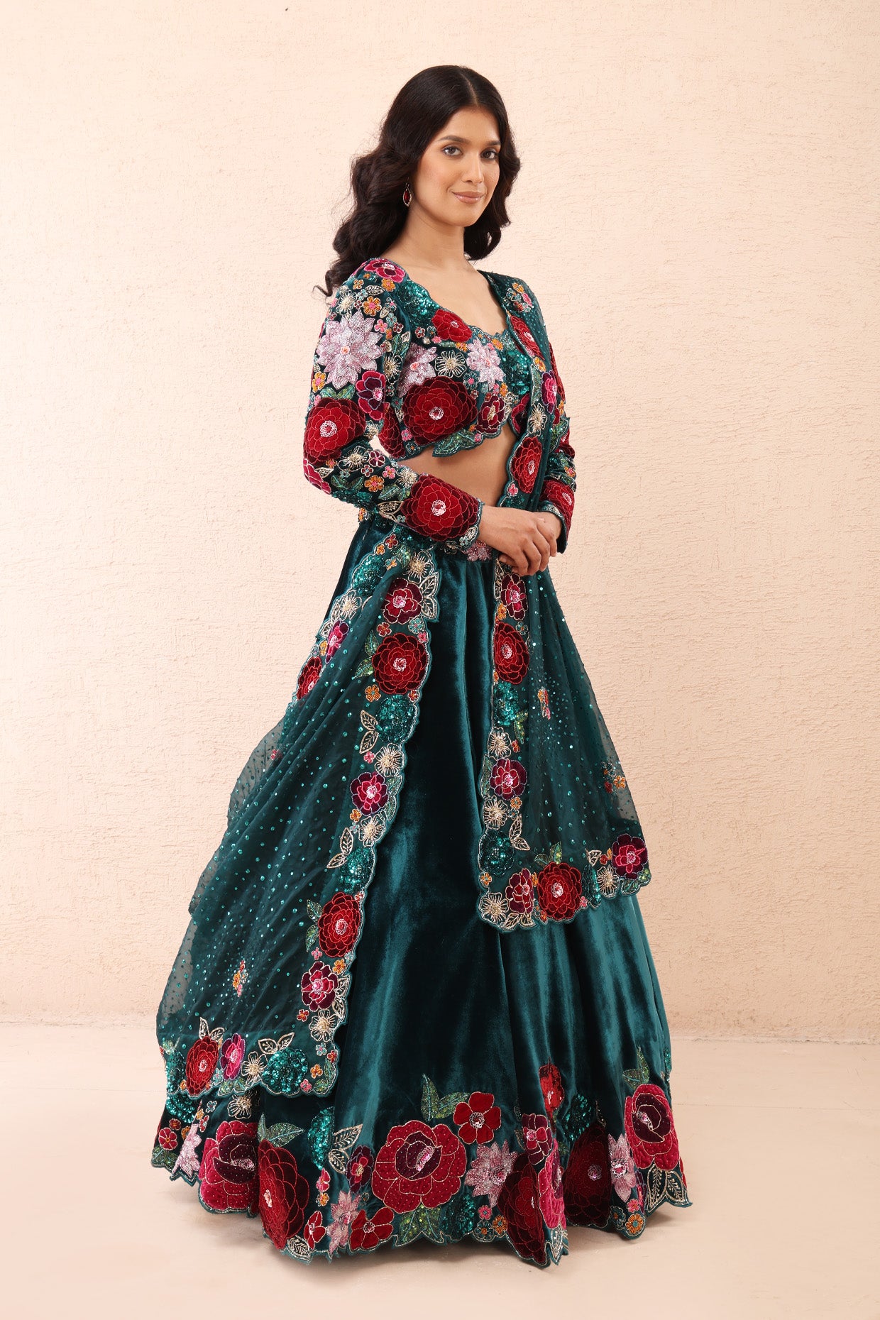 Teal Velvet Rose Élan Lehenga Set