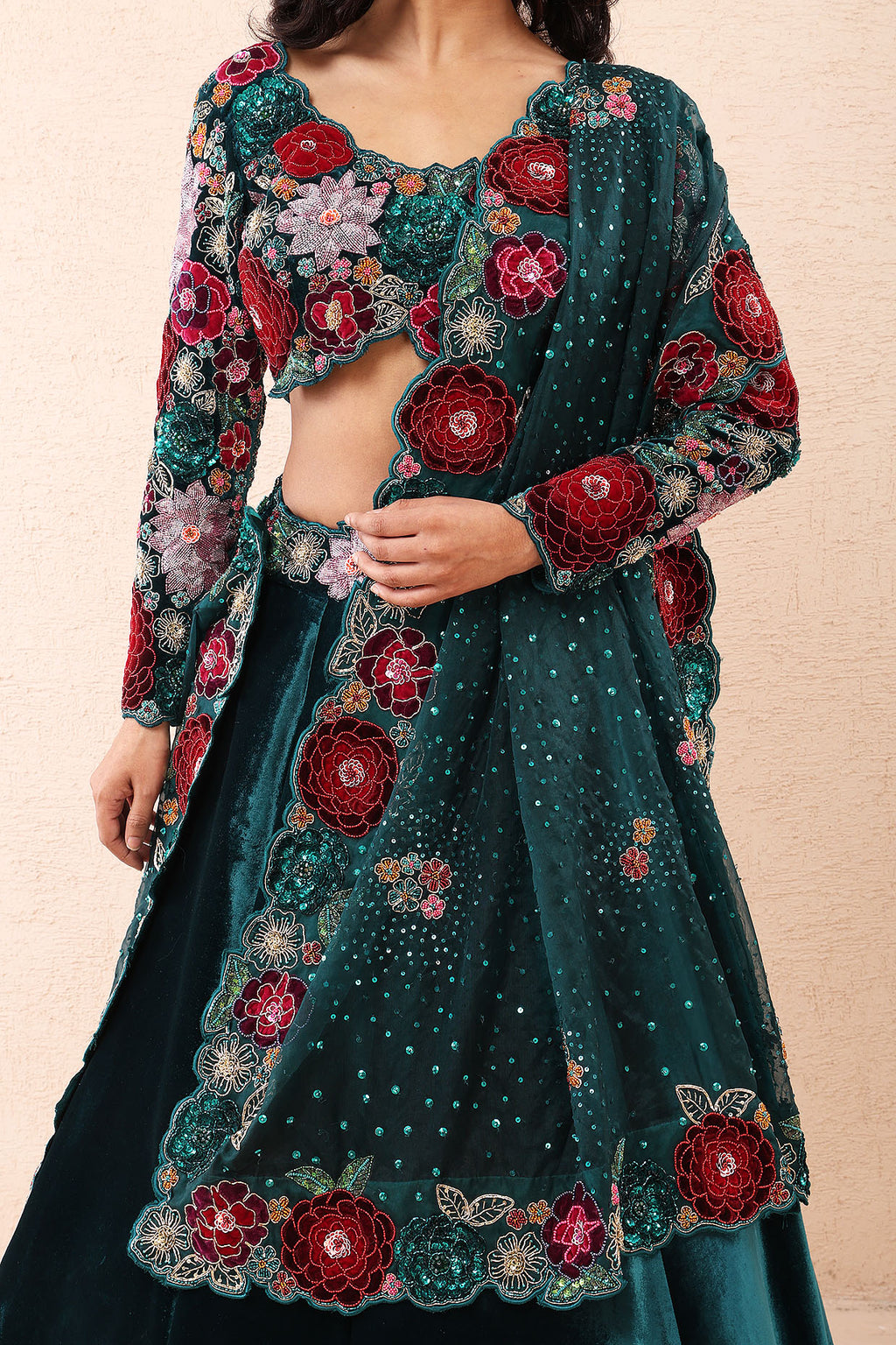Teal Velvet Rose Élan Lehenga Set