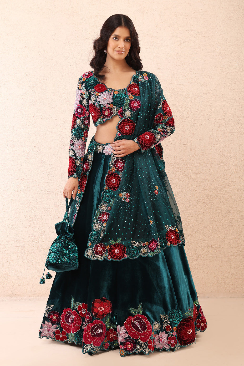 Teal Velvet Rose Élan Lehenga Set