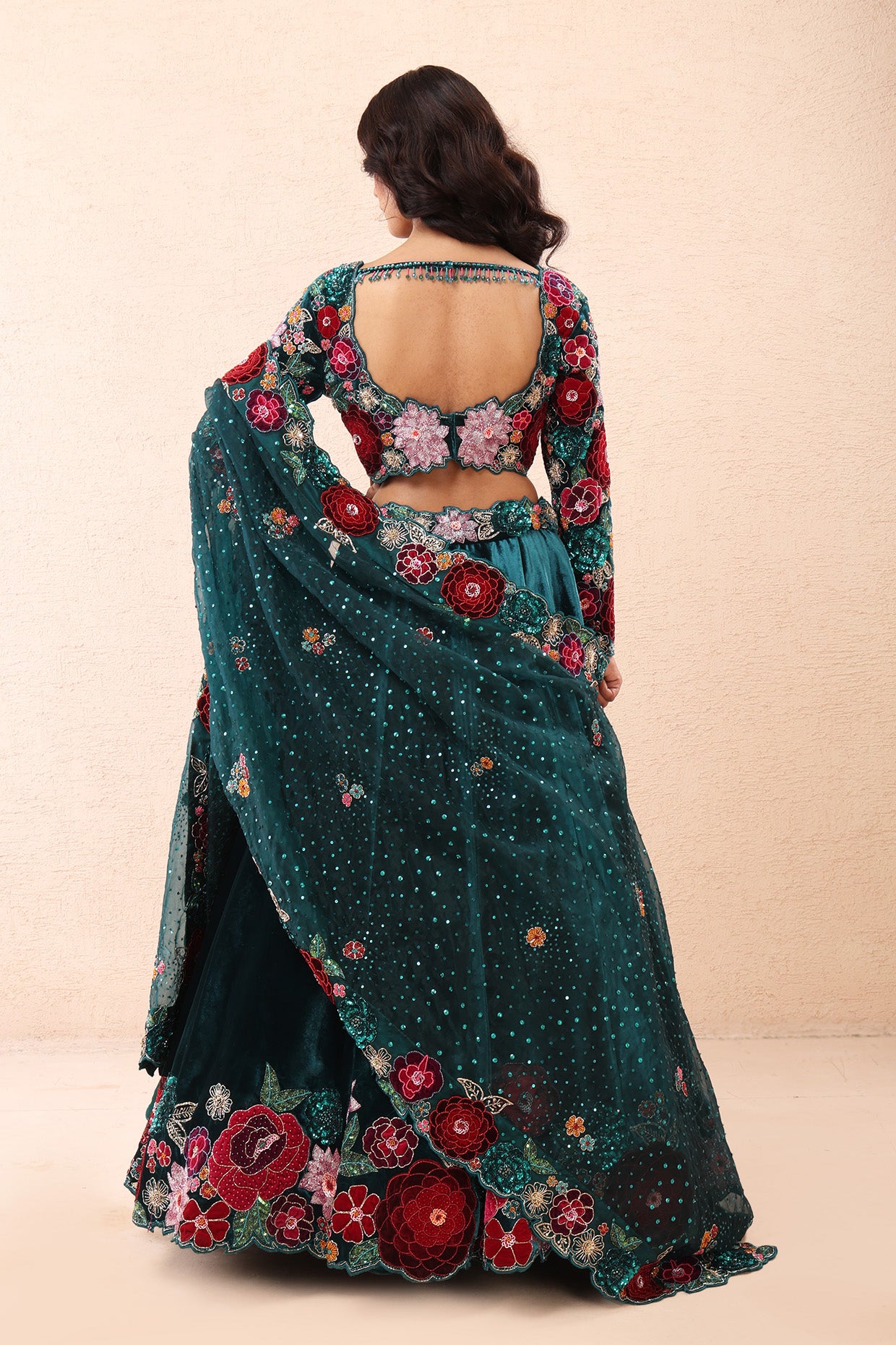 Teal Velvet Rose Élan Lehenga Set
