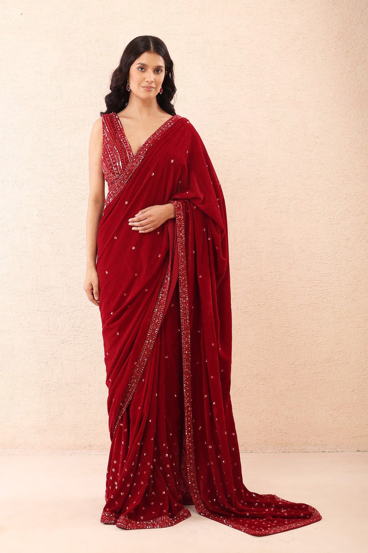 Scarlet Velvet Pre Stitched Saree Set