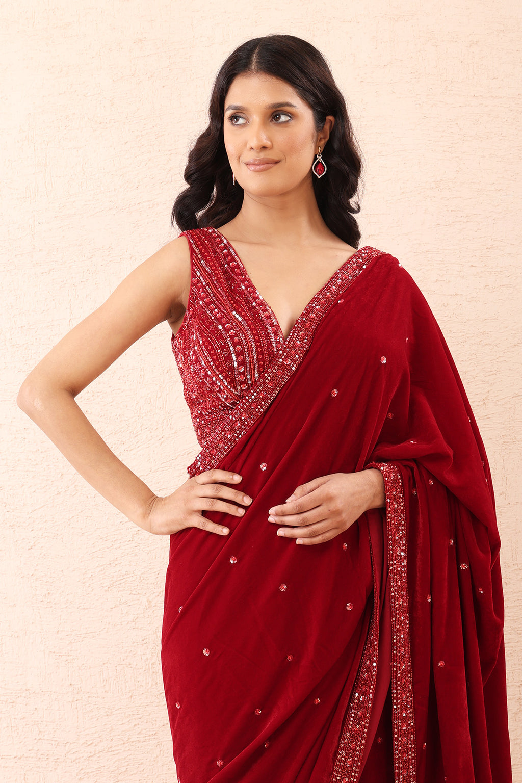 Scarlet Velvet Pre Stitched Saree Set