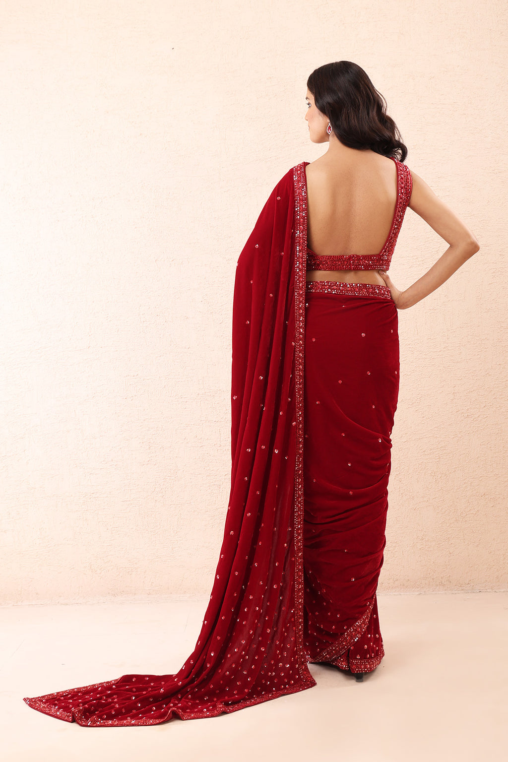 Scarlet Velvet Pre Stitched Saree Set