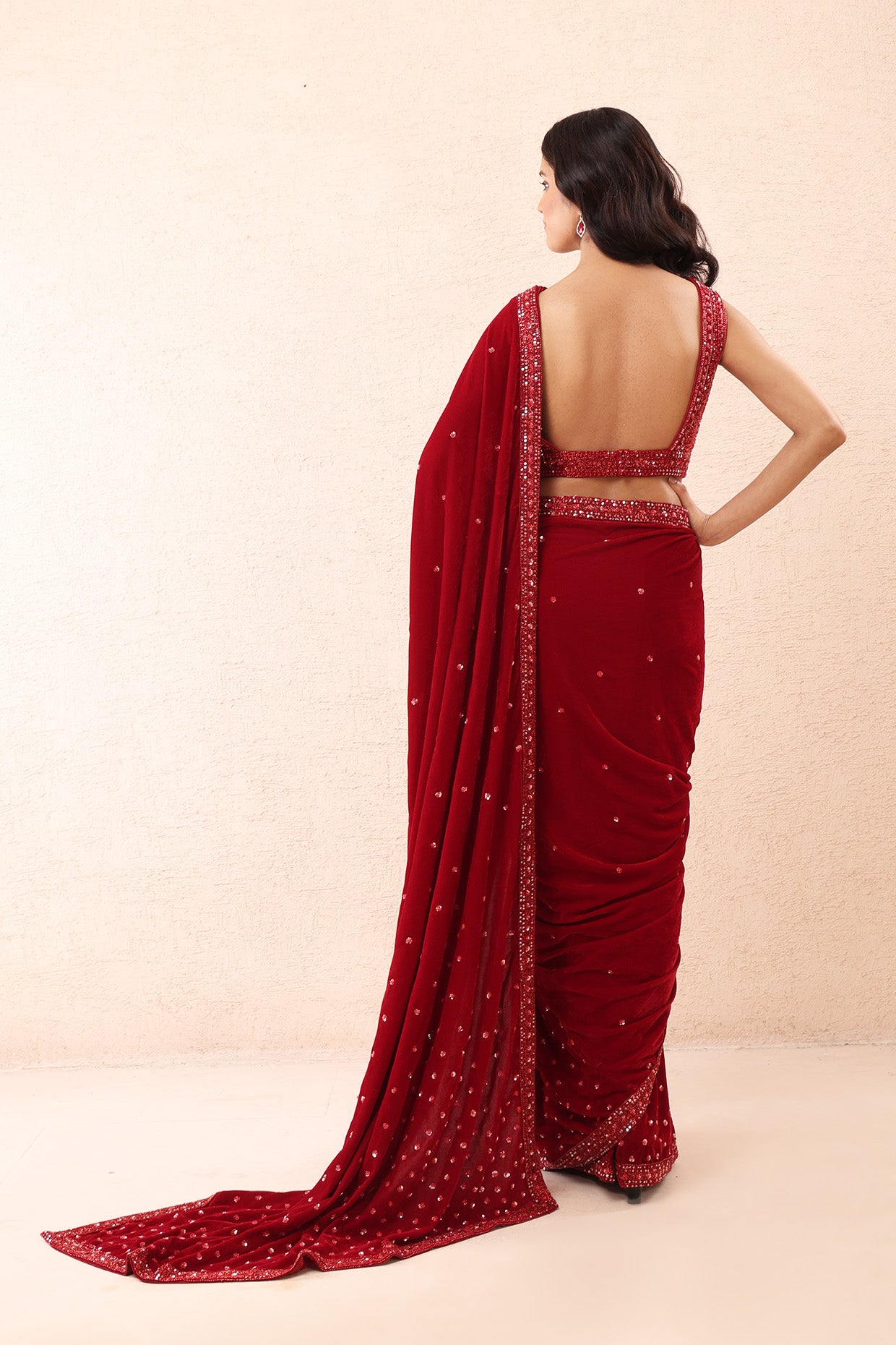 Scarlet Velvet Pre Stitched Saree Set