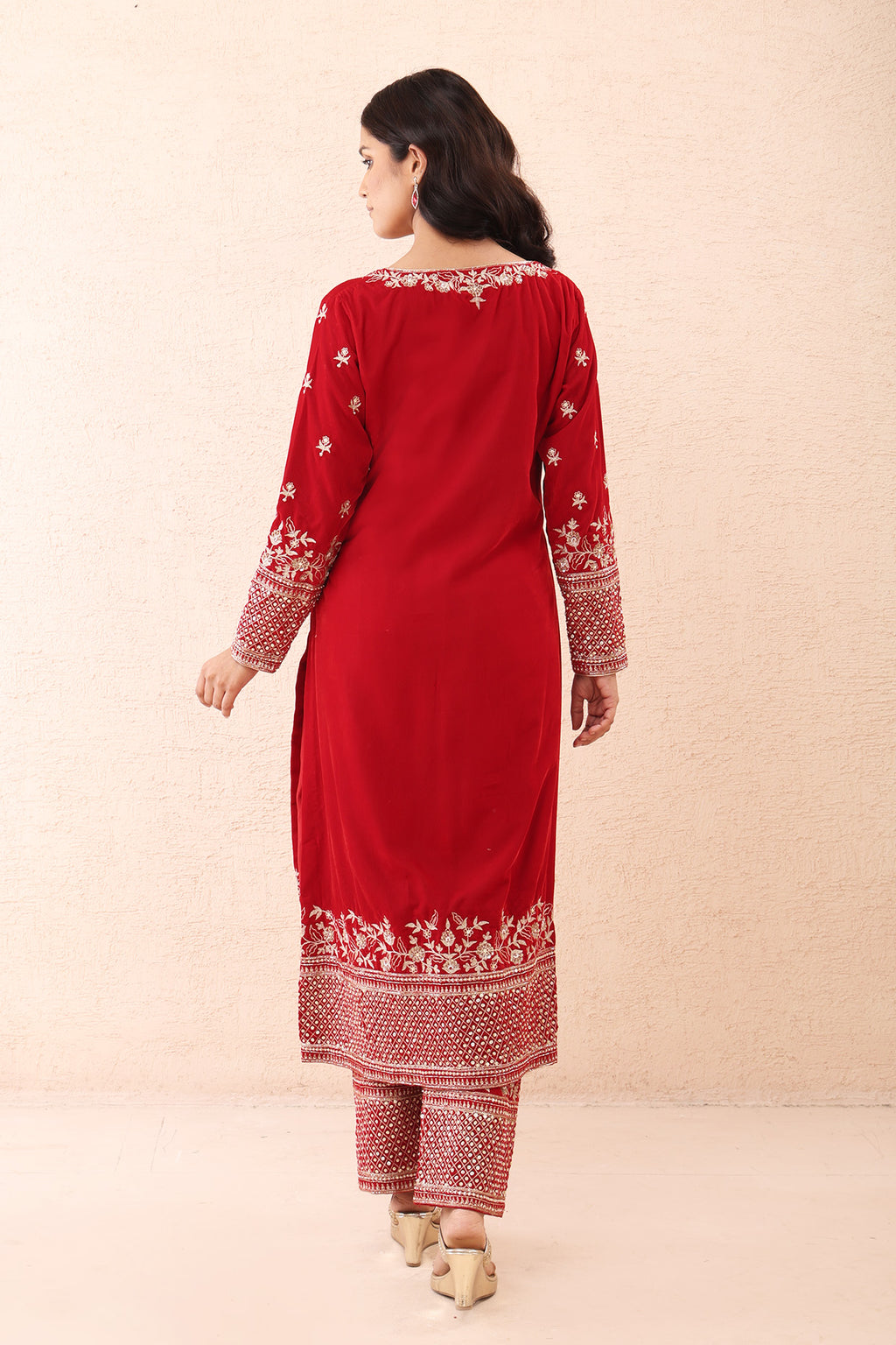 Crimson Aari Velvet Kurta Set