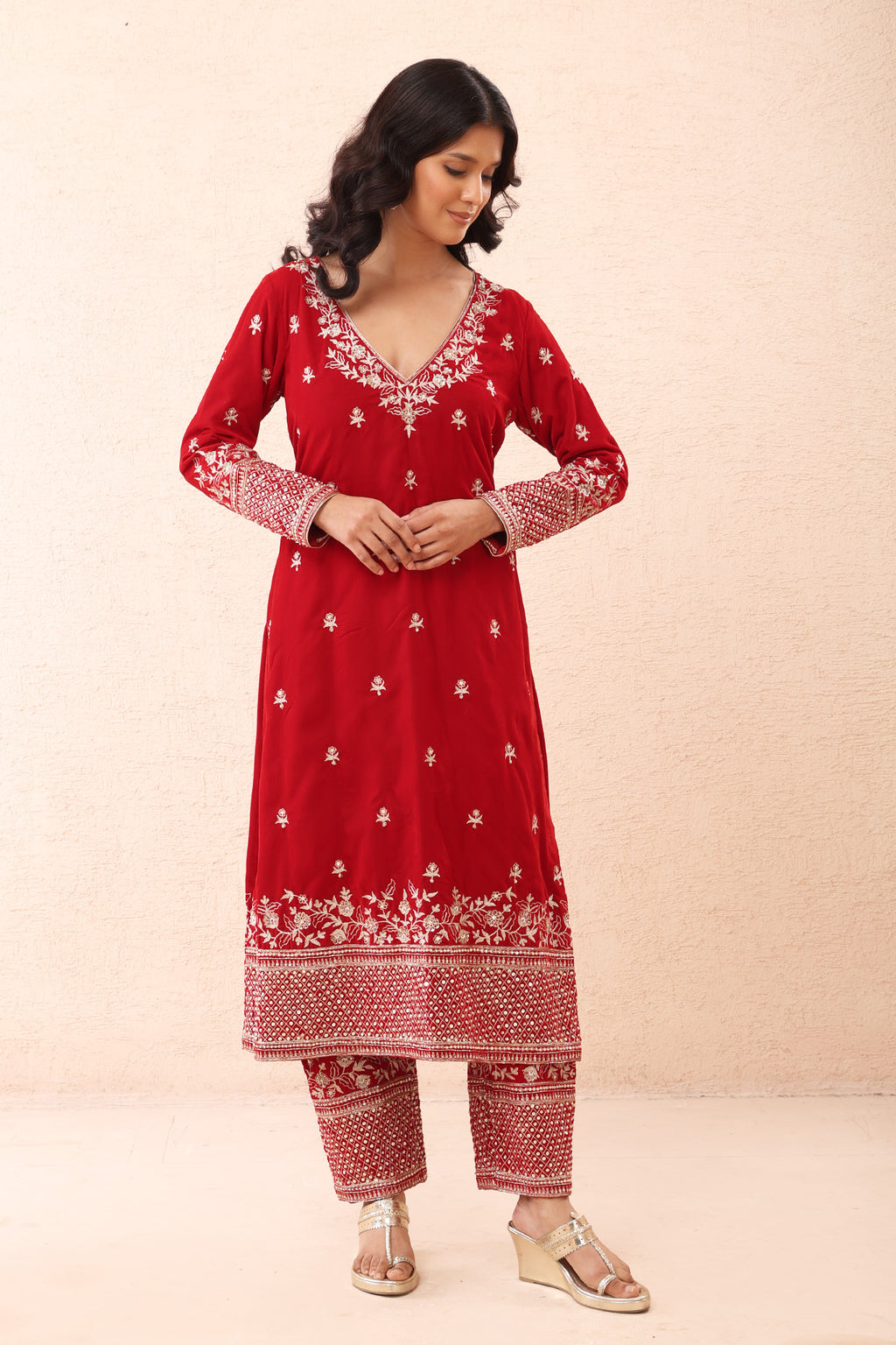 Crimson Aari Velvet Kurta Set